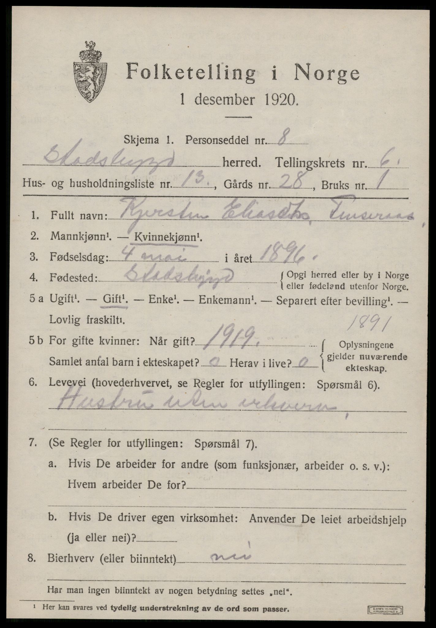 SAT, 1920 census for Stadsbygd, 1920, p. 3246