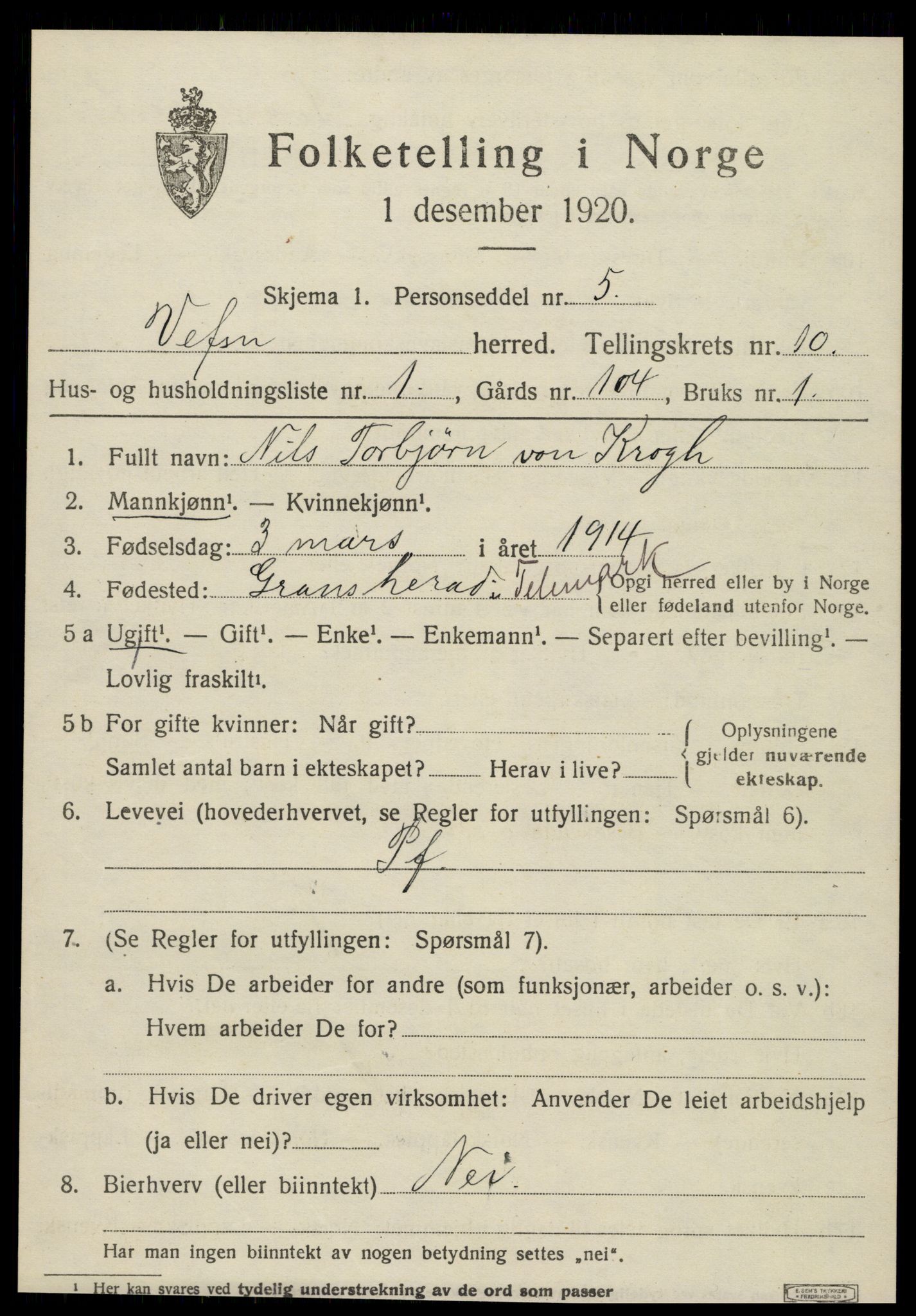 SAT, 1920 census for Vefsn, 1920, p. 6903