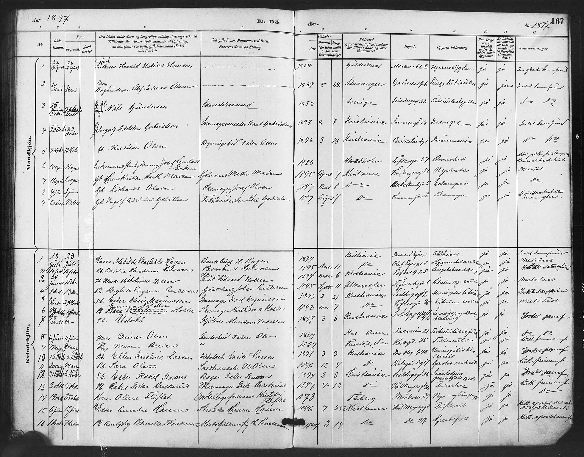 Paulus prestekontor Kirkebøker, SAO/A-10871/F/Fa/L0011: Parish register (official) no. 11, 1889-1897, p. 167