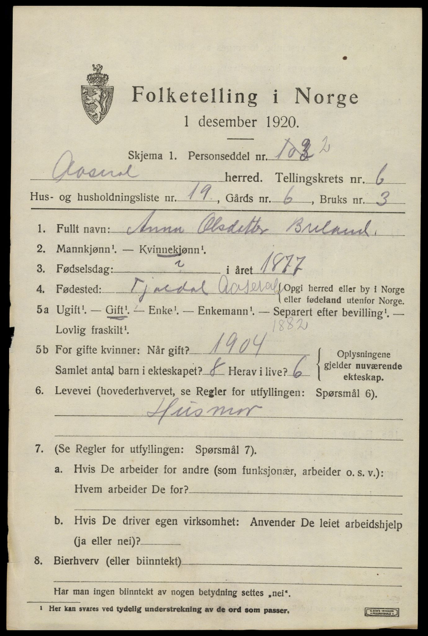 SAK, 1920 census for Åseral, 1920, p. 2002