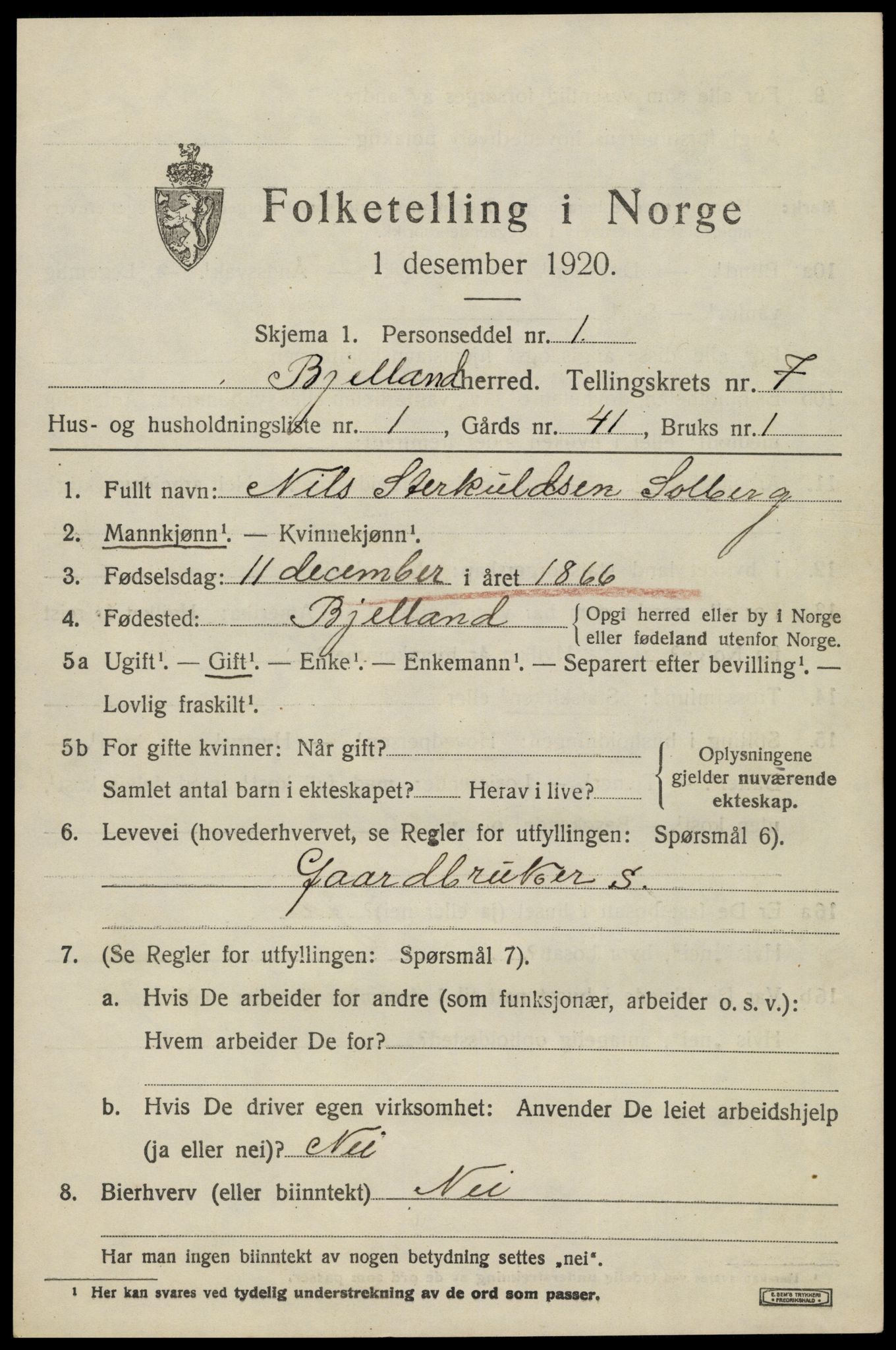 SAK, 1920 census for Bjelland, 1920, p. 2057