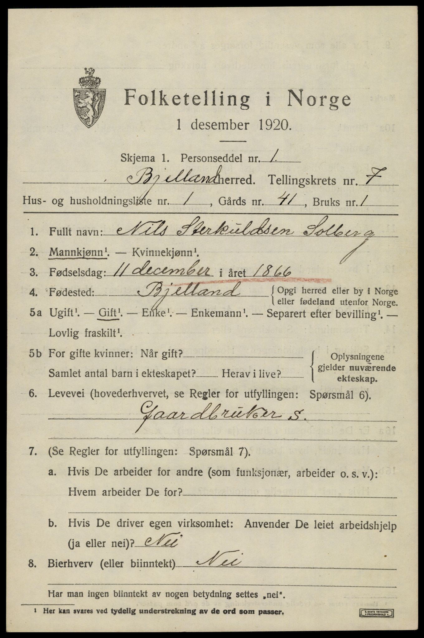 SAK, 1920 census for Bjelland, 1920, p. 2057