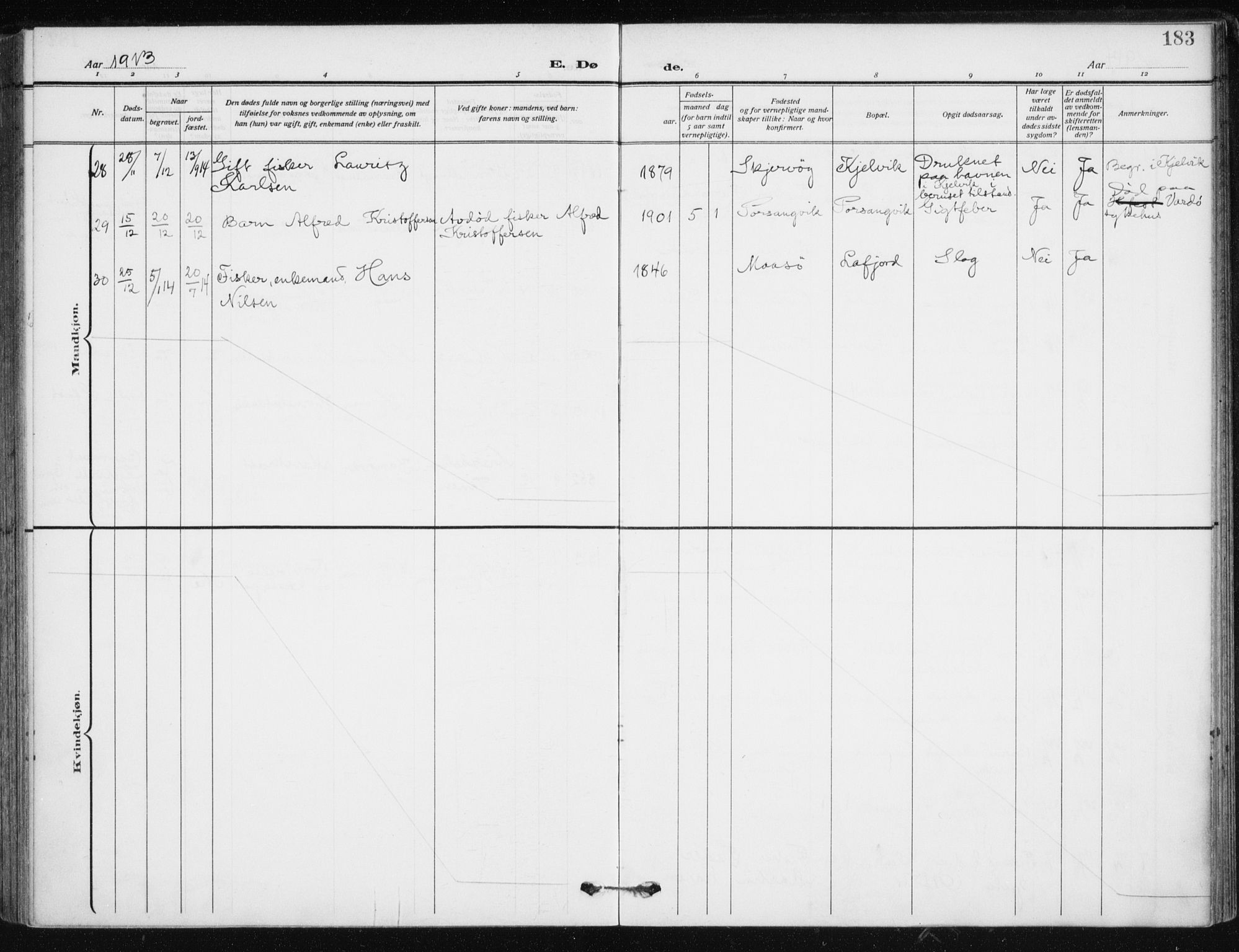 Kjelvik/Nordkapp sokneprestkontor, SATØ/S-1350/H/Ha/L0001kirke: Parish register (official) no. 1, 1911-1919, p. 183