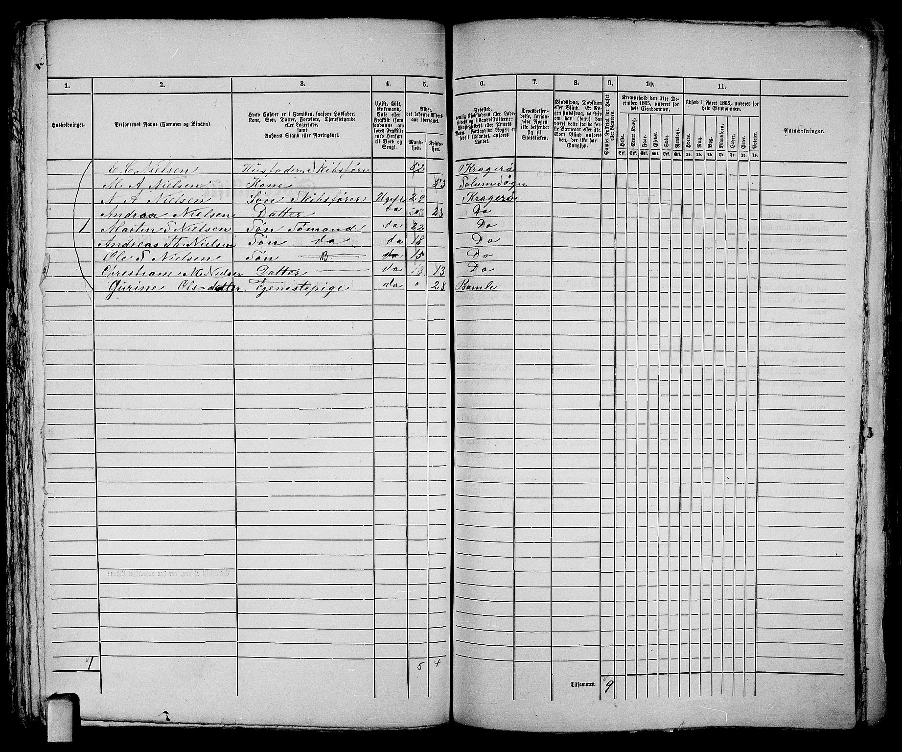 RA, 1865 census for Kragerø/Kragerø, 1865, p. 493