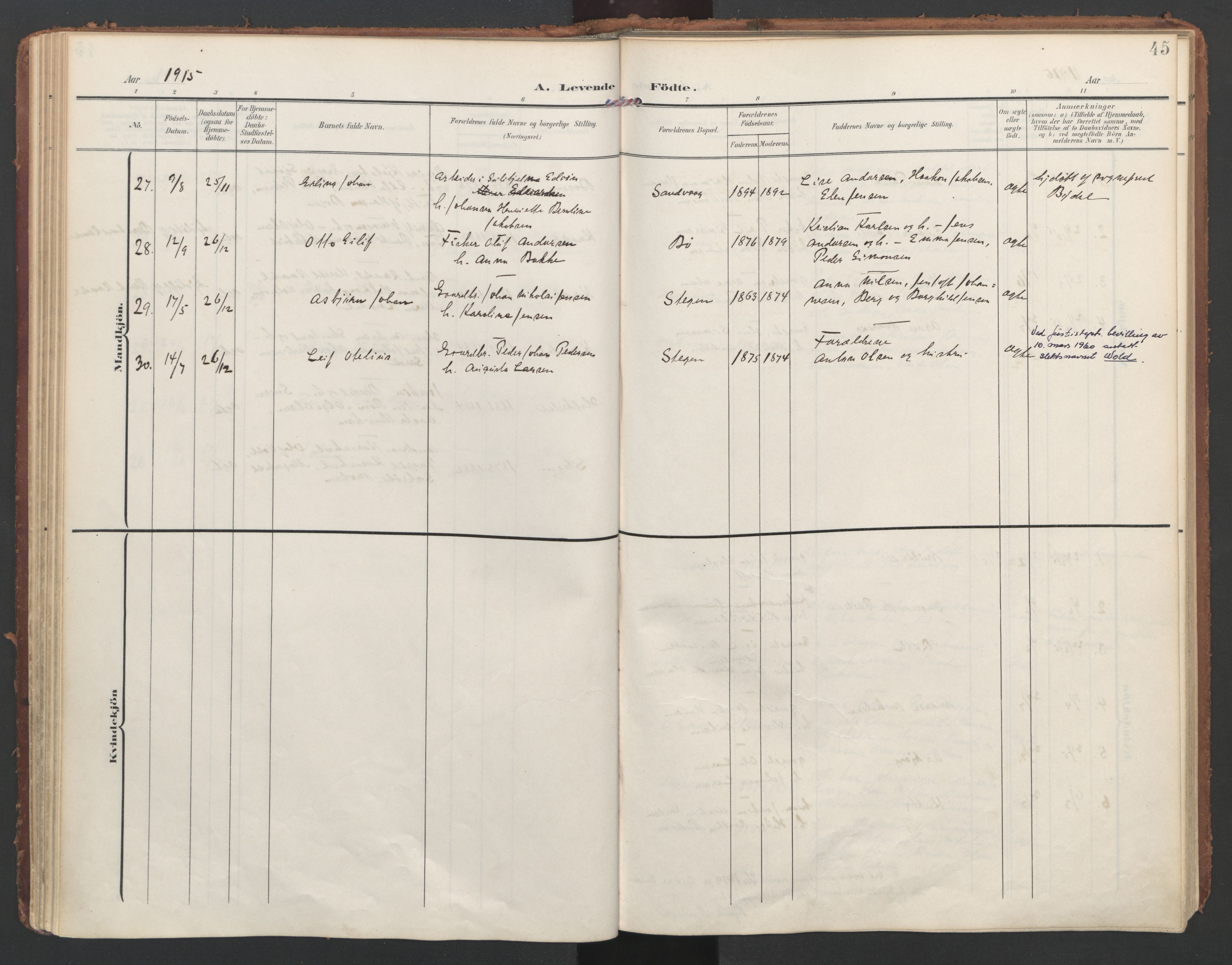 Ministerialprotokoller, klokkerbøker og fødselsregistre - Nordland, AV/SAT-A-1459/855/L0805: Parish register (official) no. 855A13, 1906-1920, p. 45