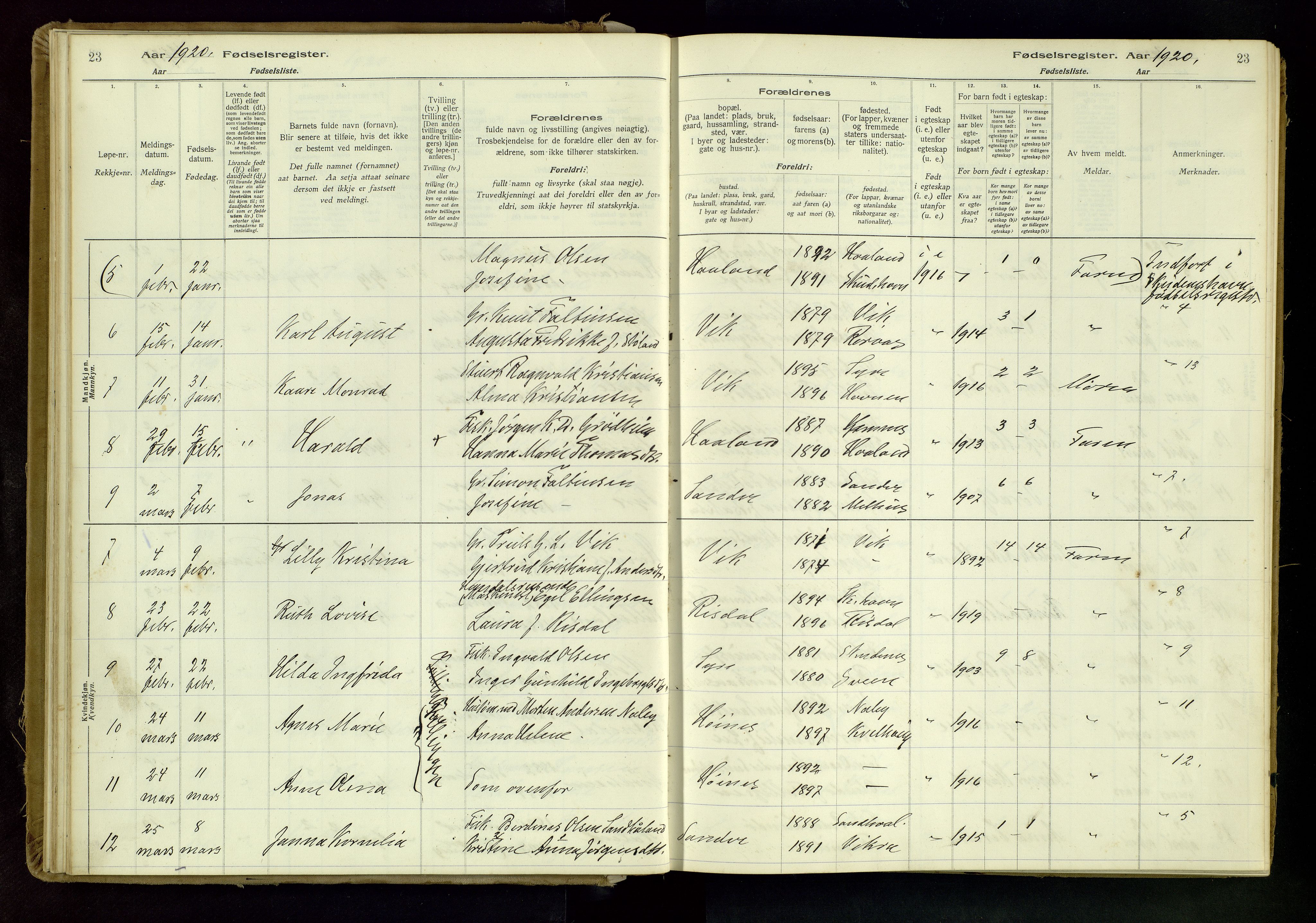 Skudenes sokneprestkontor, SAST/A -101849/I/Id/L0001: Birth register no. 1, 1916-1964, p. 23