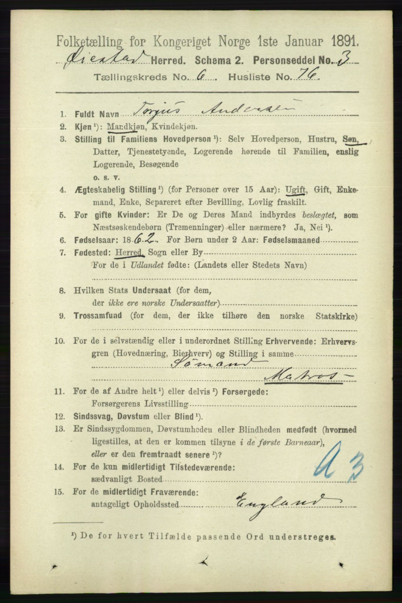 RA, 1891 census for 0920 Øyestad, 1891, p. 2557