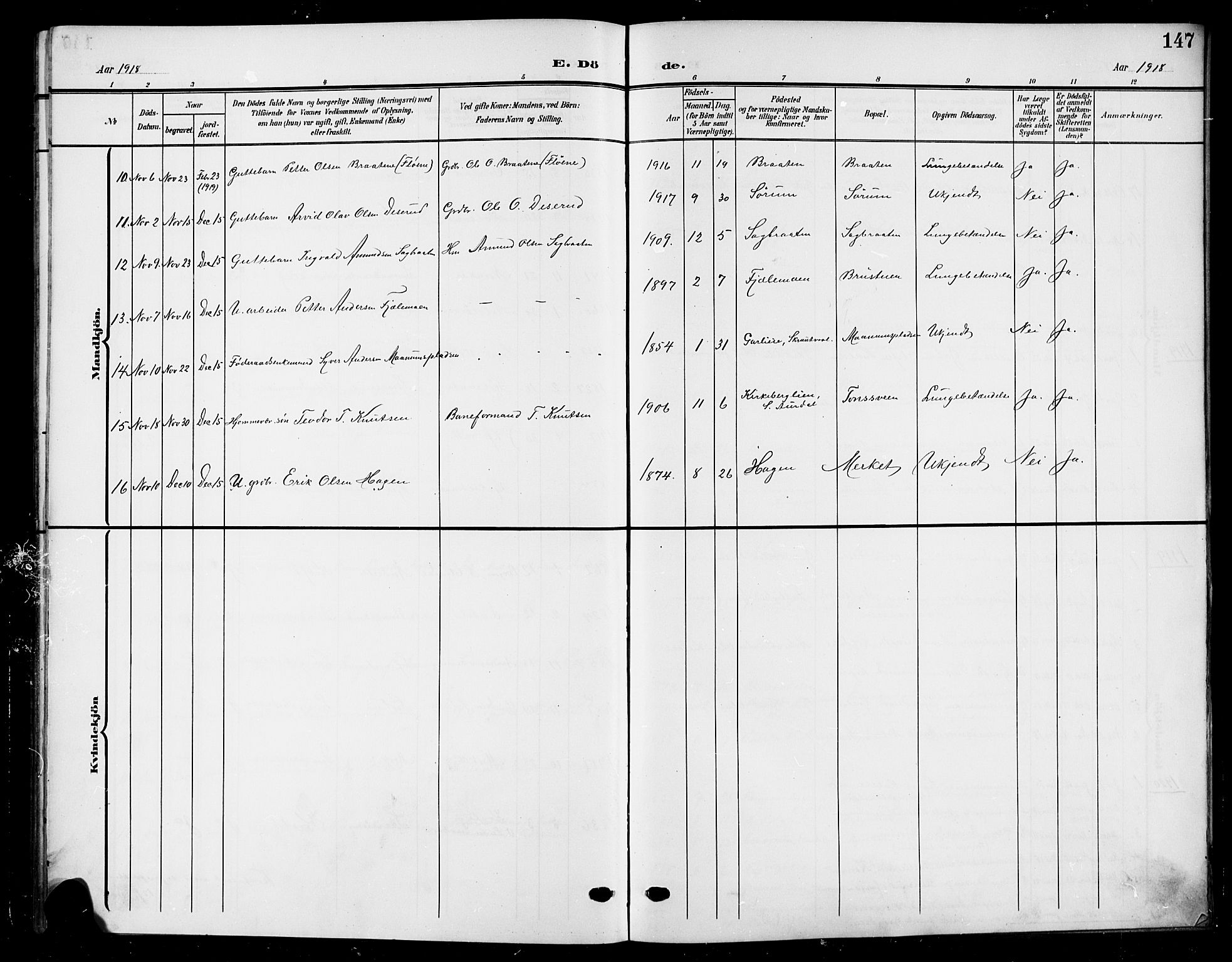 Nord-Aurdal prestekontor, SAH/PREST-132/H/Ha/Hab/L0012: Parish register (copy) no. 12, 1907-1920, p. 147