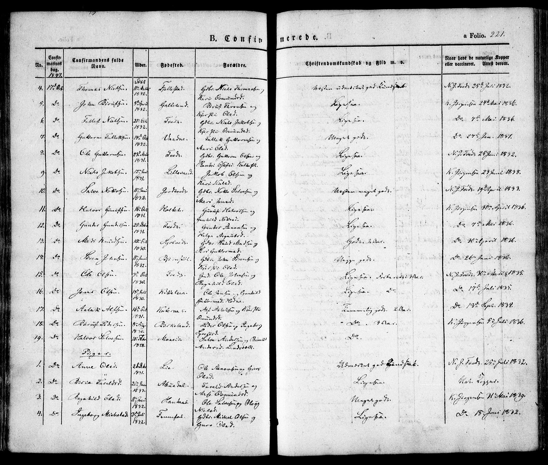 Evje sokneprestkontor, AV/SAK-1111-0008/F/Fa/Faa/L0005: Parish register (official) no. A 5, 1843-1865, p. 221