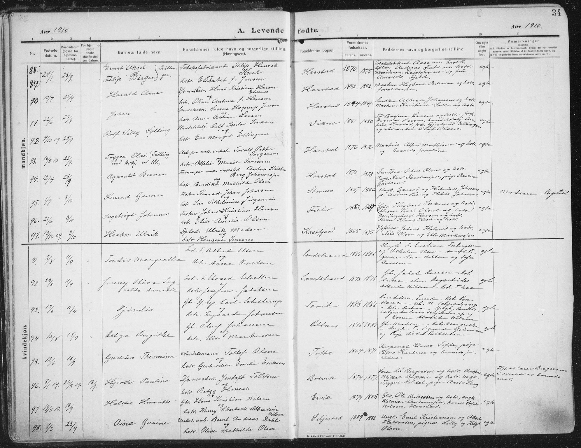 Trondenes sokneprestkontor, AV/SATØ-S-1319/H/Ha/L0018kirke: Parish register (official) no. 18, 1909-1918, p. 34