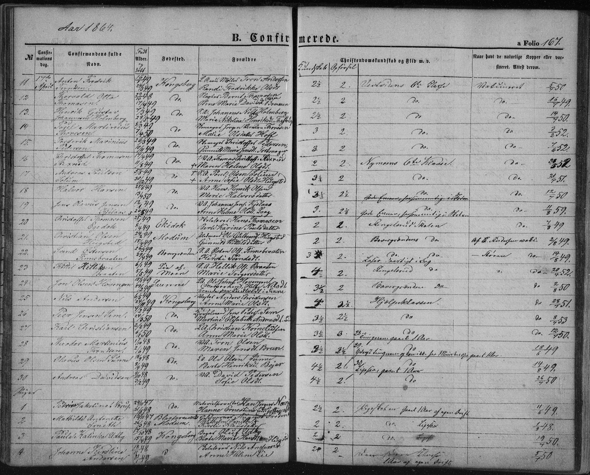Kongsberg kirkebøker, SAKO/A-22/F/Fa/L0010: Parish register (official) no. I 10, 1859-1875, p. 167