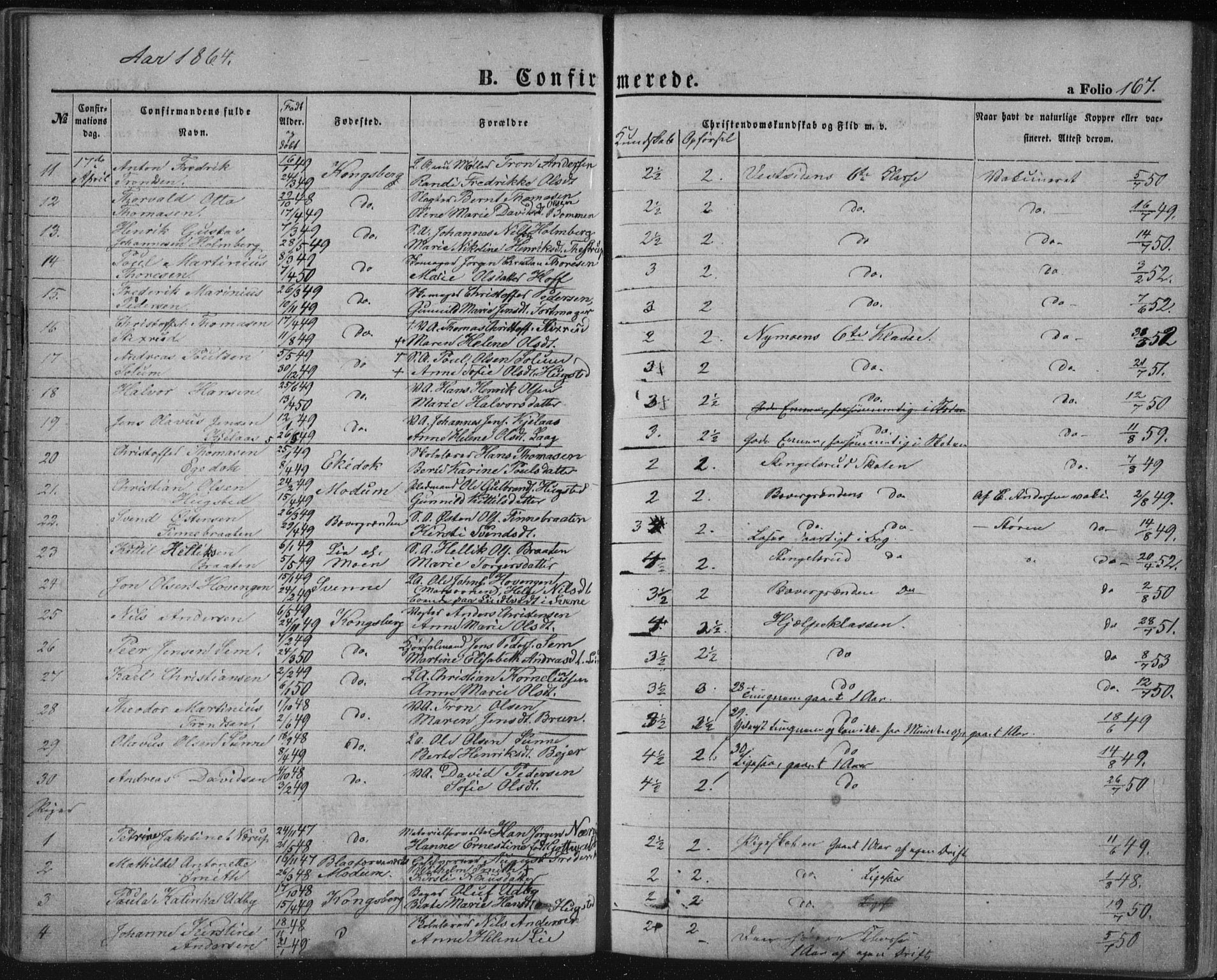 Kongsberg kirkebøker, AV/SAKO-A-22/F/Fa/L0010: Parish register (official) no. I 10, 1859-1875, p. 167