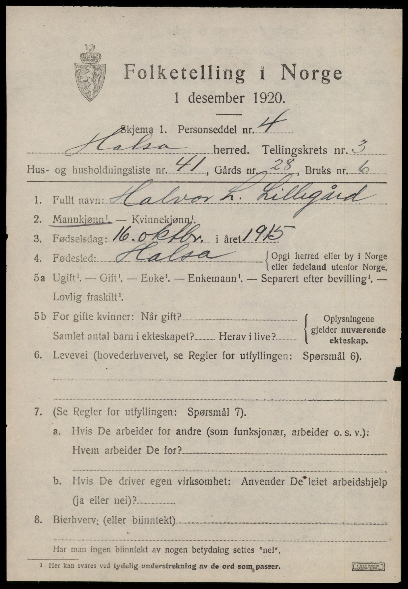 SAT, 1920 census for Halsa, 1920, p. 1621