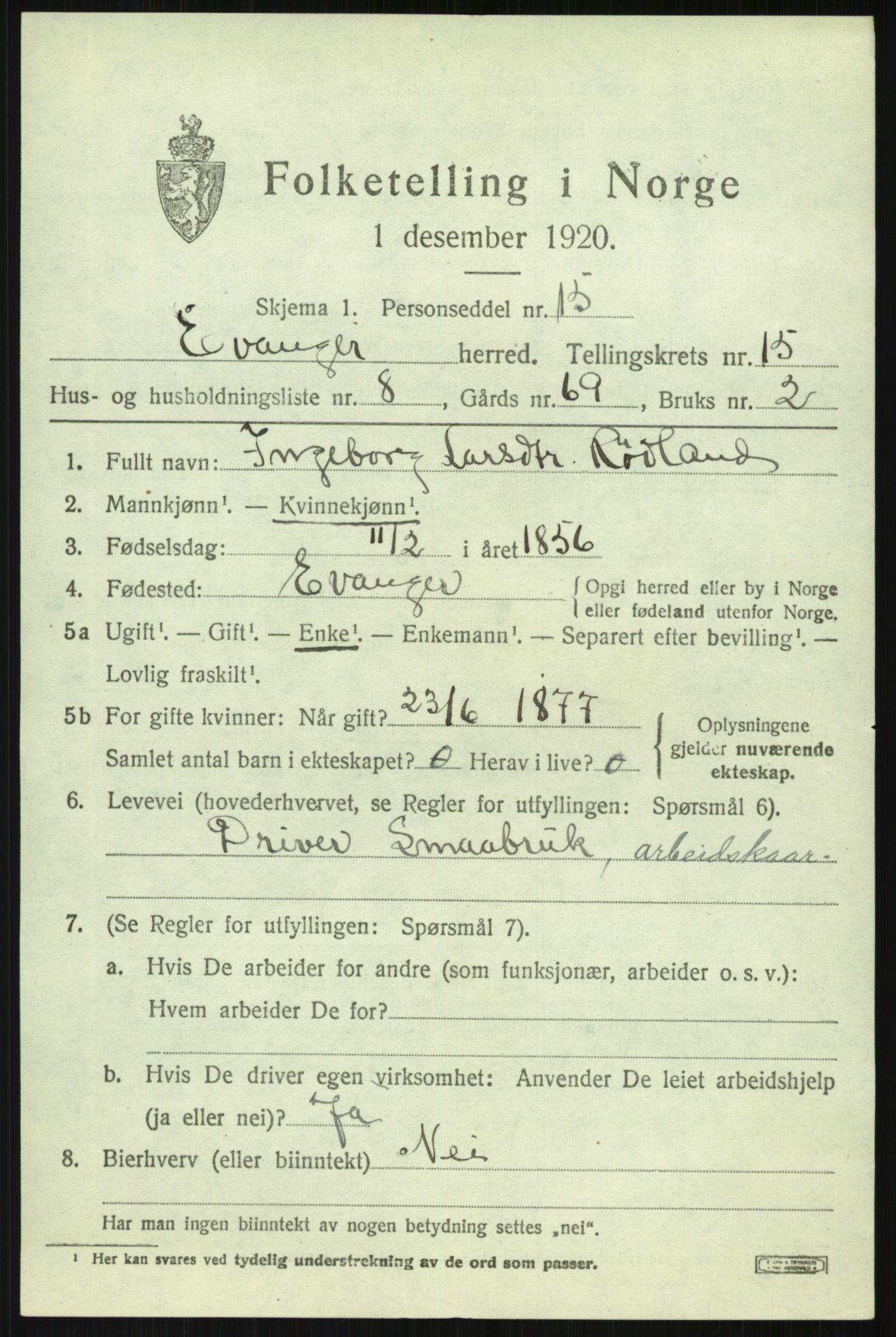 SAB, 1920 census for Evanger, 1920, p. 4249