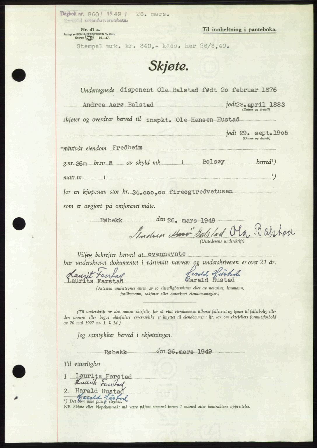 Romsdal sorenskriveri, AV/SAT-A-4149/1/2/2C: Mortgage book no. A29, 1949-1949, Diary no: : 860/1949