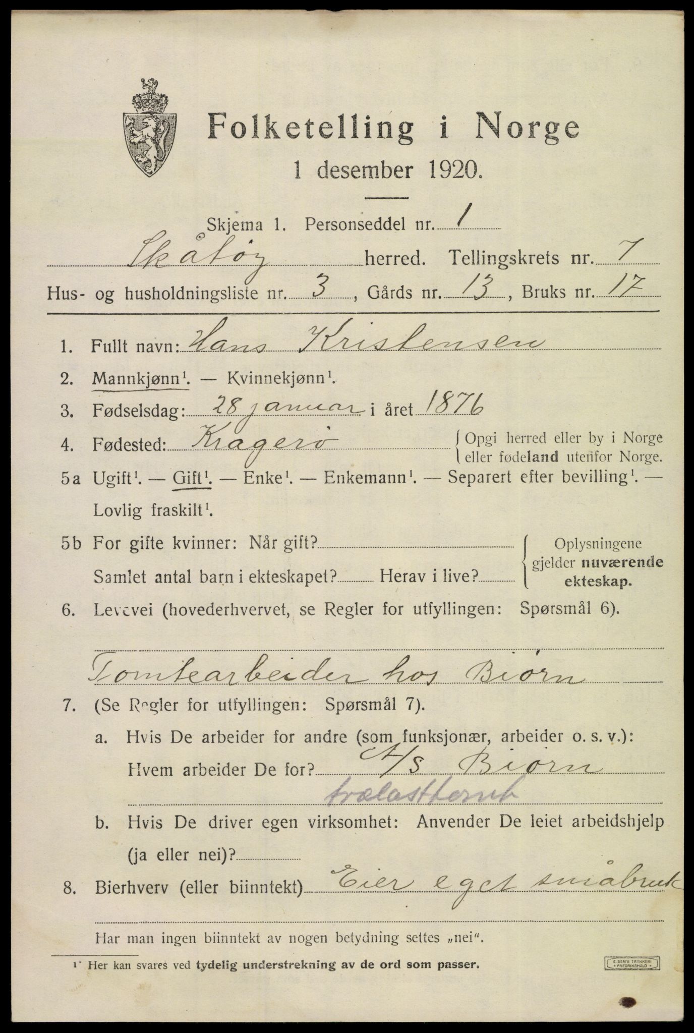 SAKO, 1920 census for Skåtøy, 1920, p. 5334