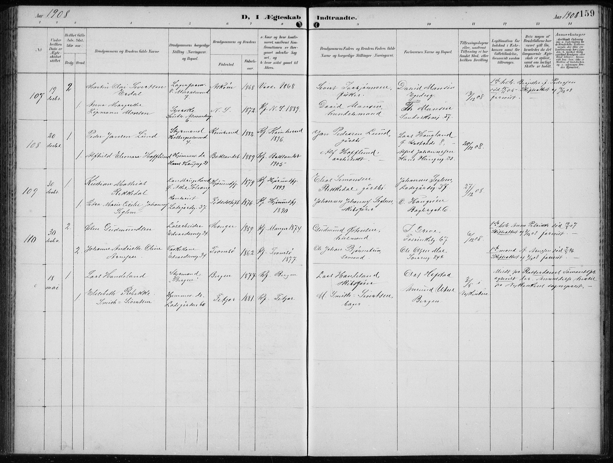 Sandviken Sokneprestembete, SAB/A-77601/H/Ha/L0014: Parish register (official) no. D 1, 1896-1911, p. 159