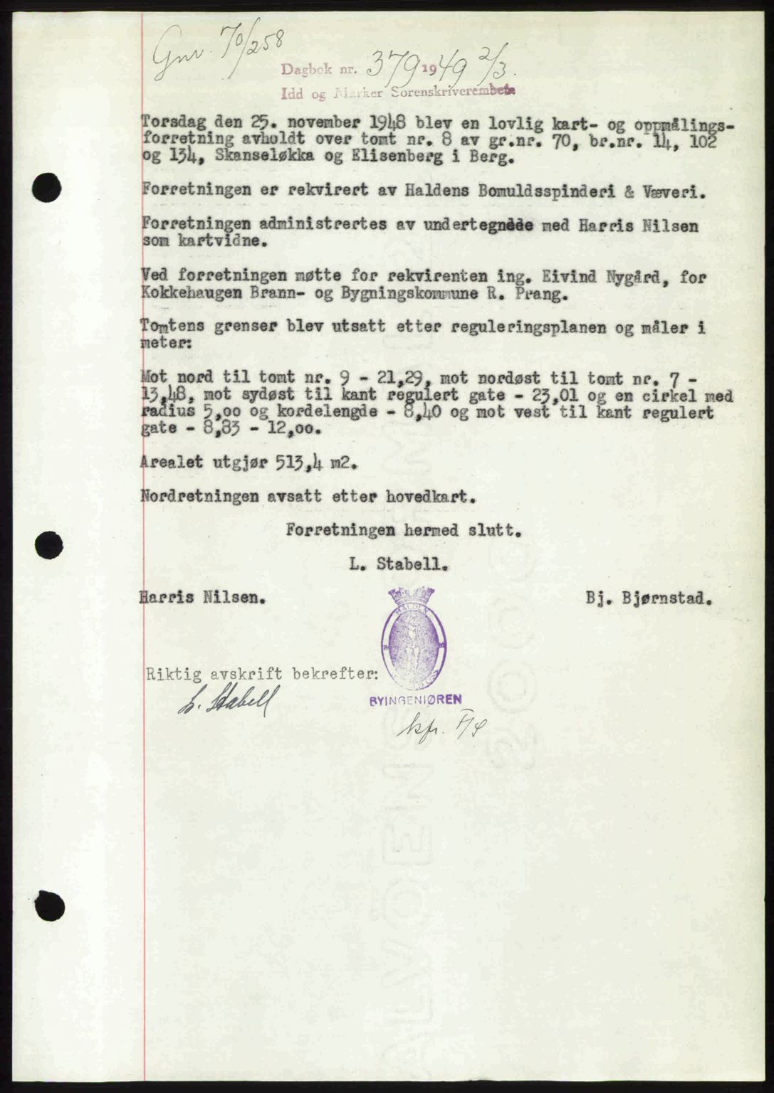 Idd og Marker sorenskriveri, AV/SAO-A-10283/G/Gb/Gbb/L0011: Mortgage book no. A11, 1948-1949, Diary no: : 379/1949