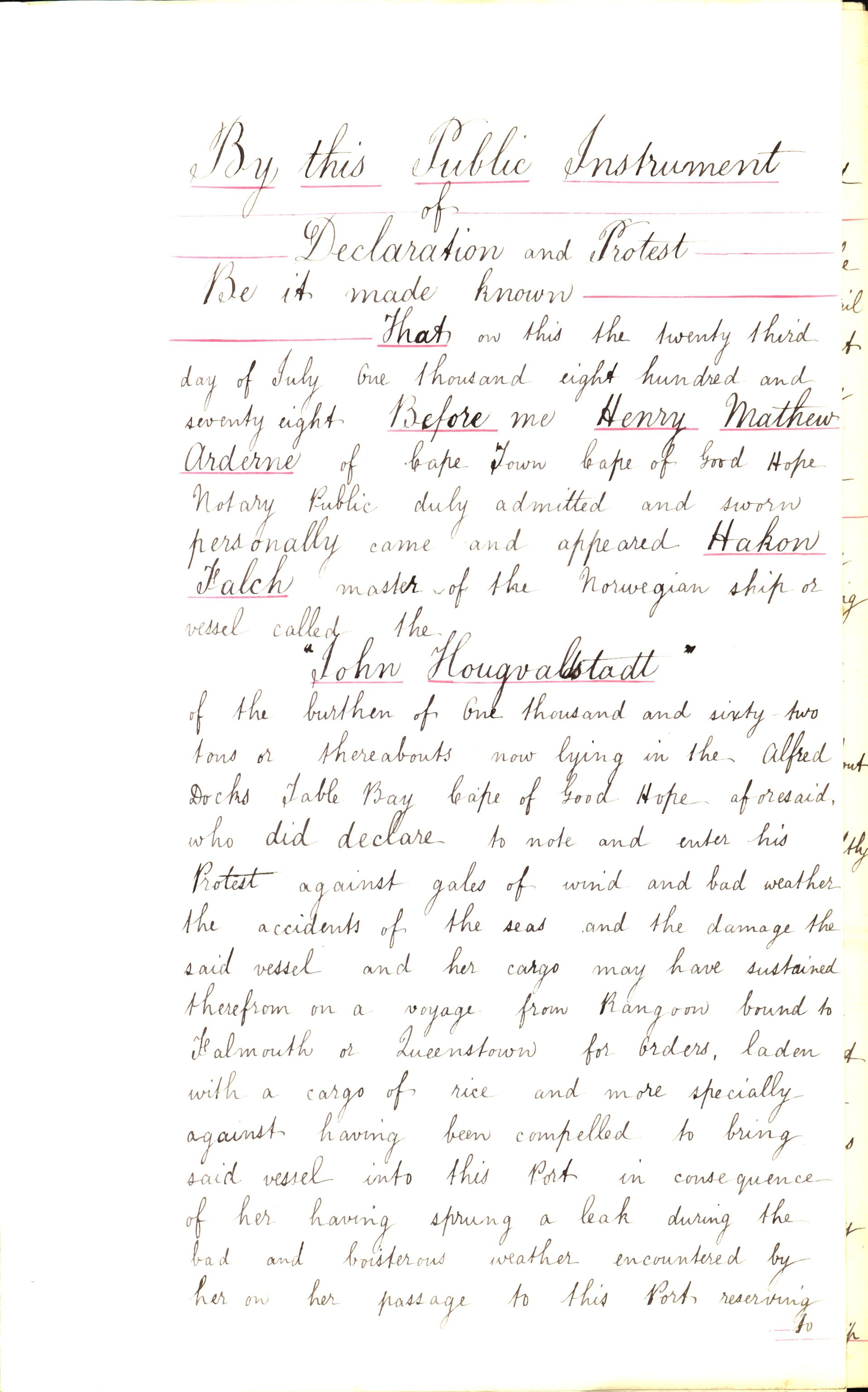 Pa 63 - Østlandske skibsassuranceforening, VEMU/A-1079/G/Ga/L0010/0004: Havaridokumenter / John Haugvalstad, 1878
