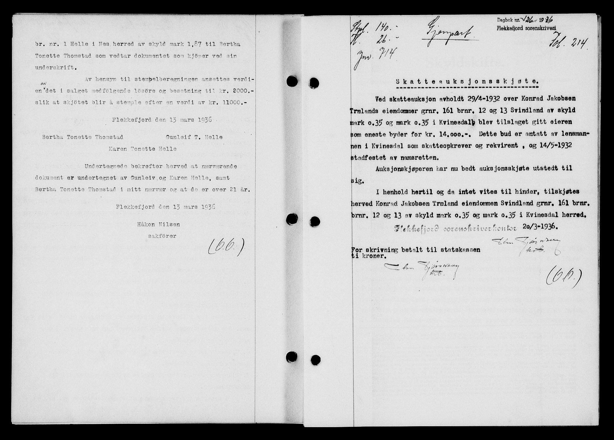 Flekkefjord sorenskriveri, SAK/1221-0001/G/Gb/Gba/L0052: Mortgage book no. 48, 1935-1936, Deed date: 20.03.1936