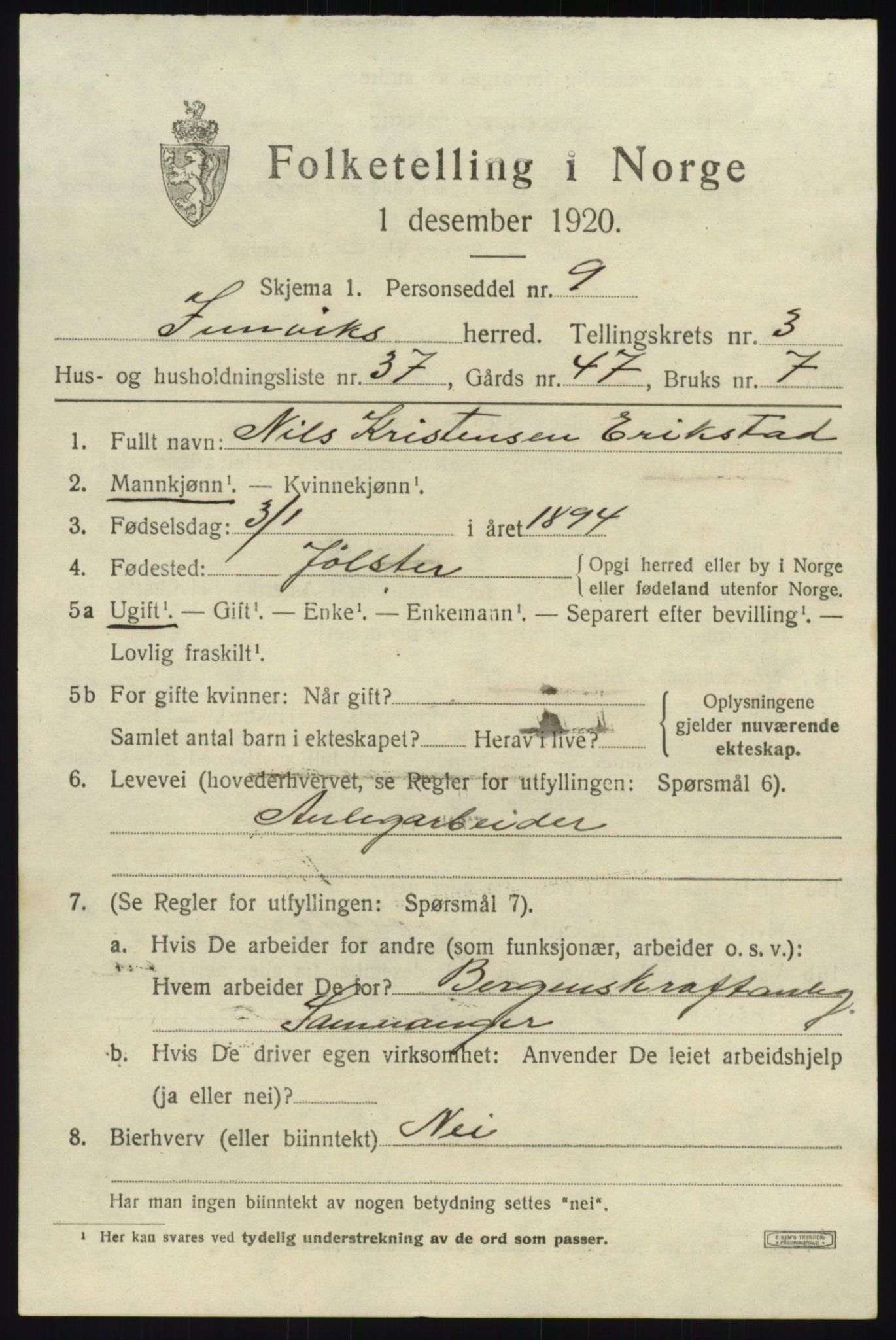 SAB, 1920 census for Innvik, 1920, p. 2169