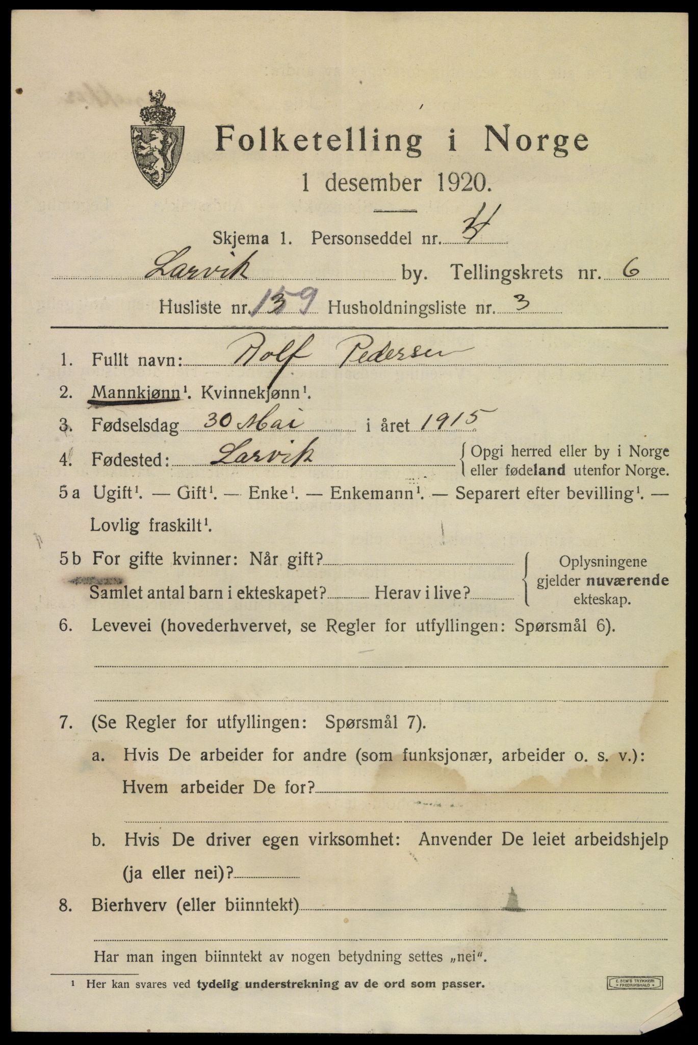 SAKO, 1920 census for Larvik, 1920, p. 20674