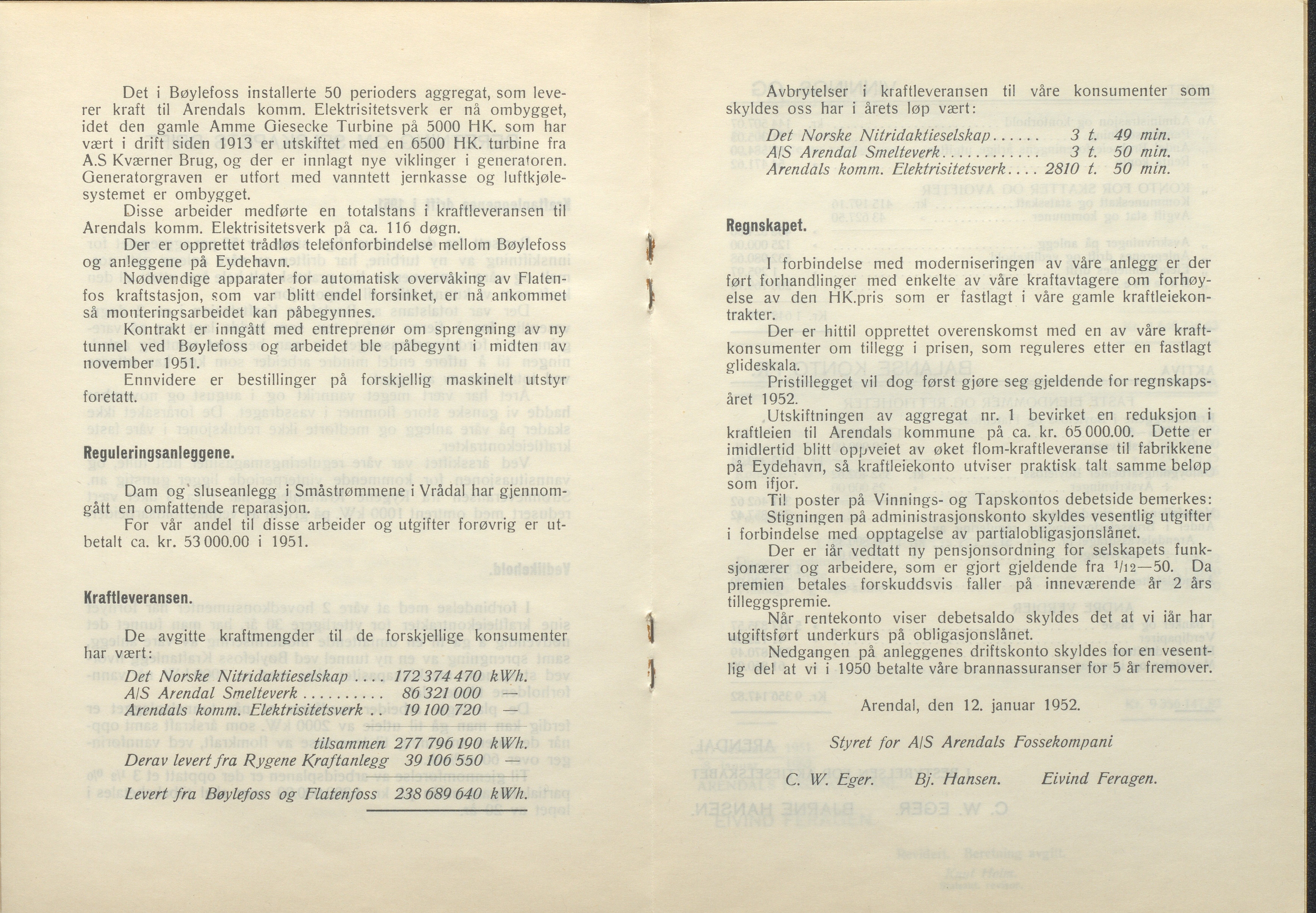 Arendals Fossekompani, AAKS/PA-2413/X/X01/L0001/0012: Beretninger, regnskap, balansekonto, gevinst- og tapskonto / Beretning, regnskap 1945 - 1962, 1945-1962, p. 40