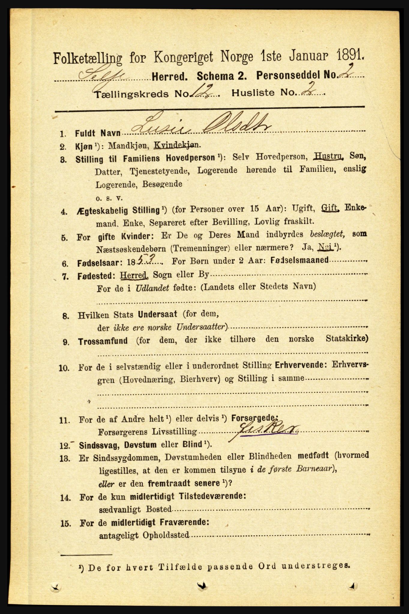 RA, 1891 census for 1441 Selje, 1891, p. 3698