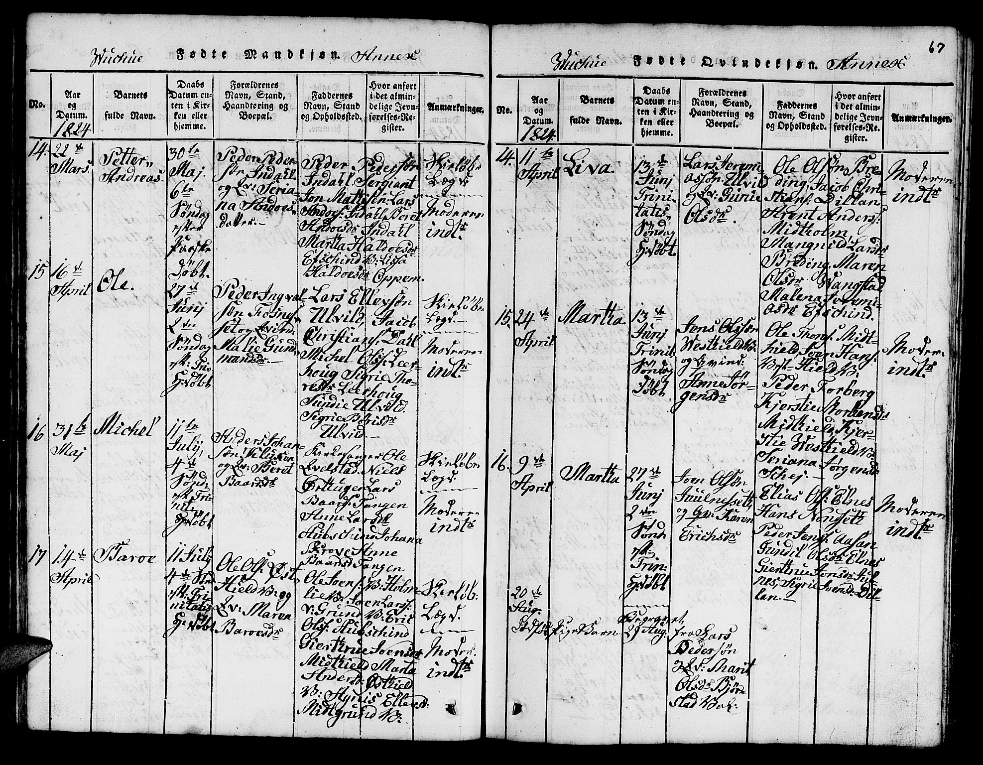 Ministerialprotokoller, klokkerbøker og fødselsregistre - Nord-Trøndelag, AV/SAT-A-1458/724/L0265: Parish register (copy) no. 724C01, 1816-1845, p. 67