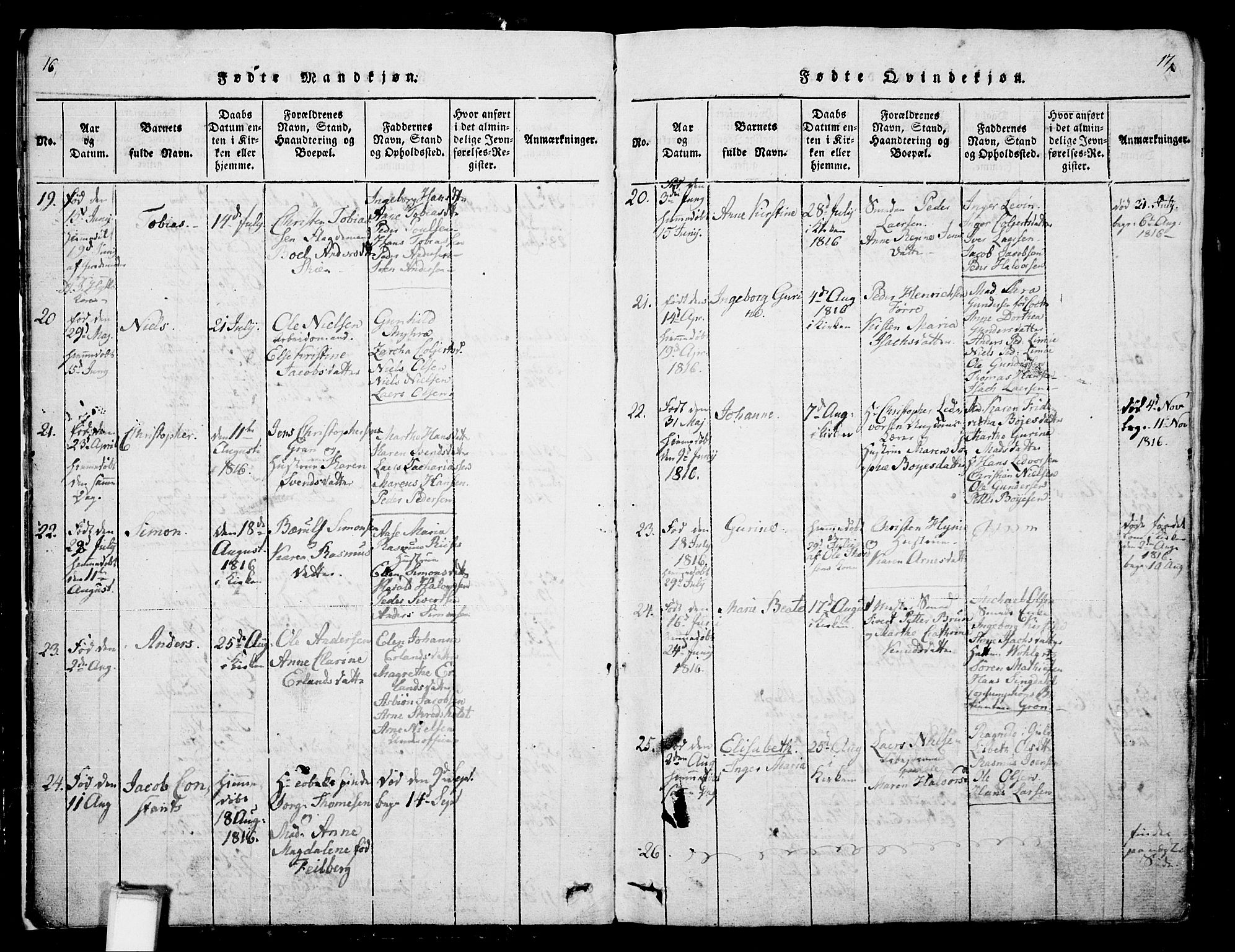 Skien kirkebøker, AV/SAKO-A-302/G/Ga/L0002: Parish register (copy) no. 2, 1814-1842, p. 16-17