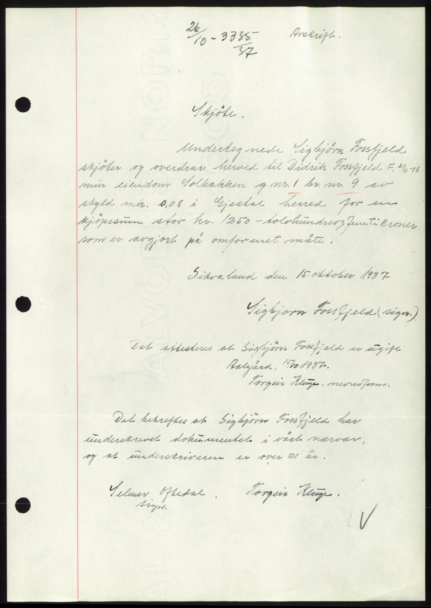 Jæren sorenskriveri, SAST/A-100310/03/G/Gba/L0069: Mortgage book, 1937-1937, Diary no: : 3335/1937