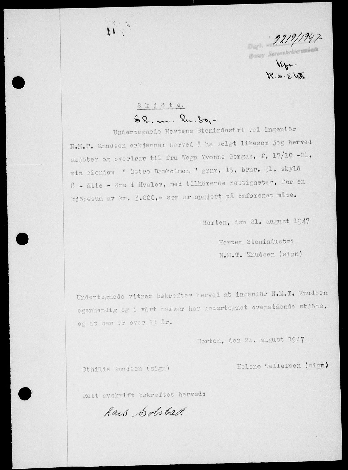 Onsøy sorenskriveri, SAO/A-10474/G/Ga/Gab/L0021: Mortgage book no. II A-21, 1947-1947, Diary no: : 2219/1947