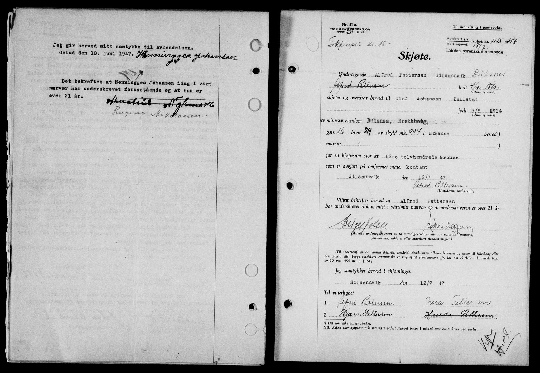 Lofoten sorenskriveri, AV/SAT-A-0017/1/2/2C/L0016a: Mortgage book no. 16a, 1947-1947, Diary no: : 1115/1947