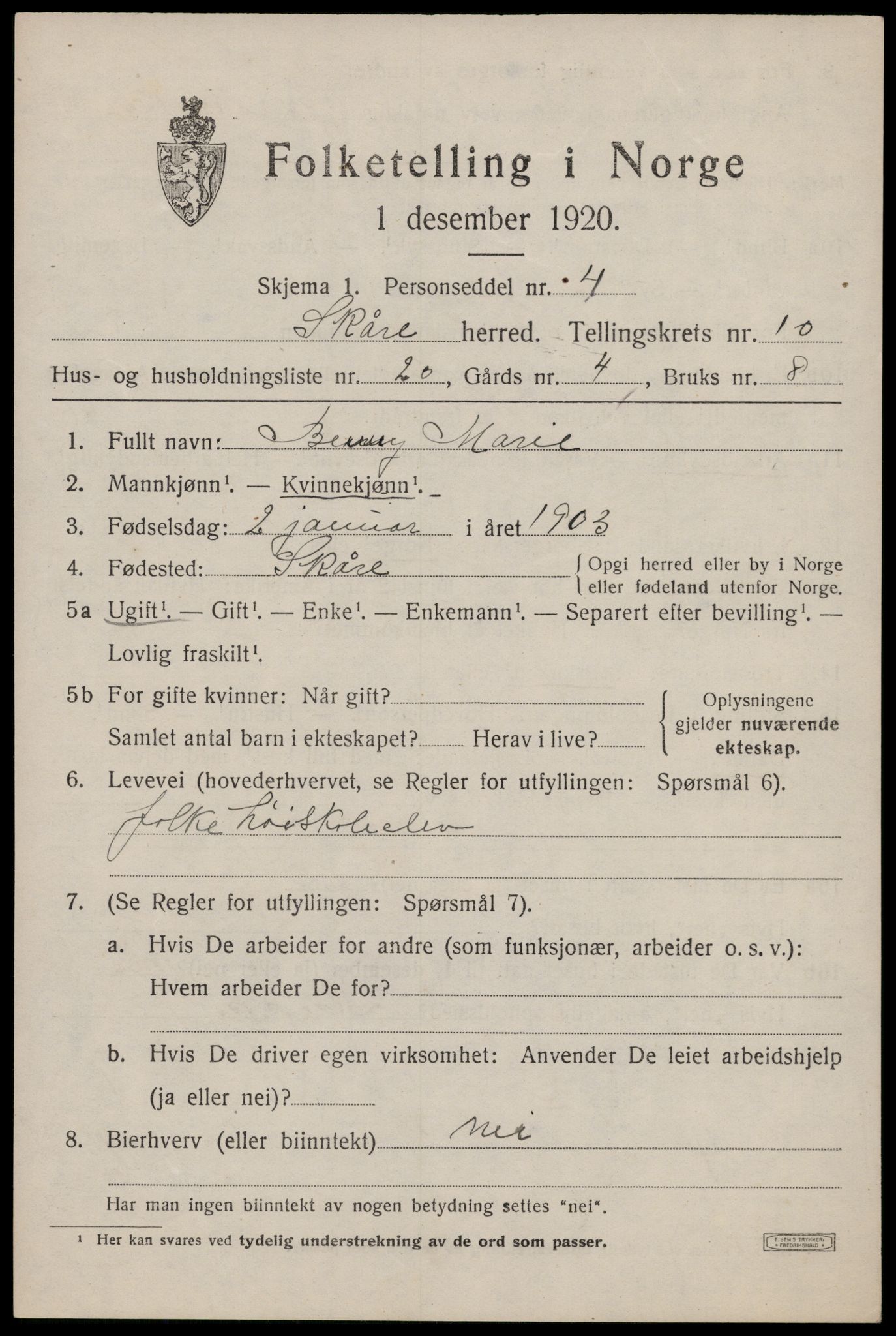 SAST, 1920 census for Skåre, 1920, p. 8116