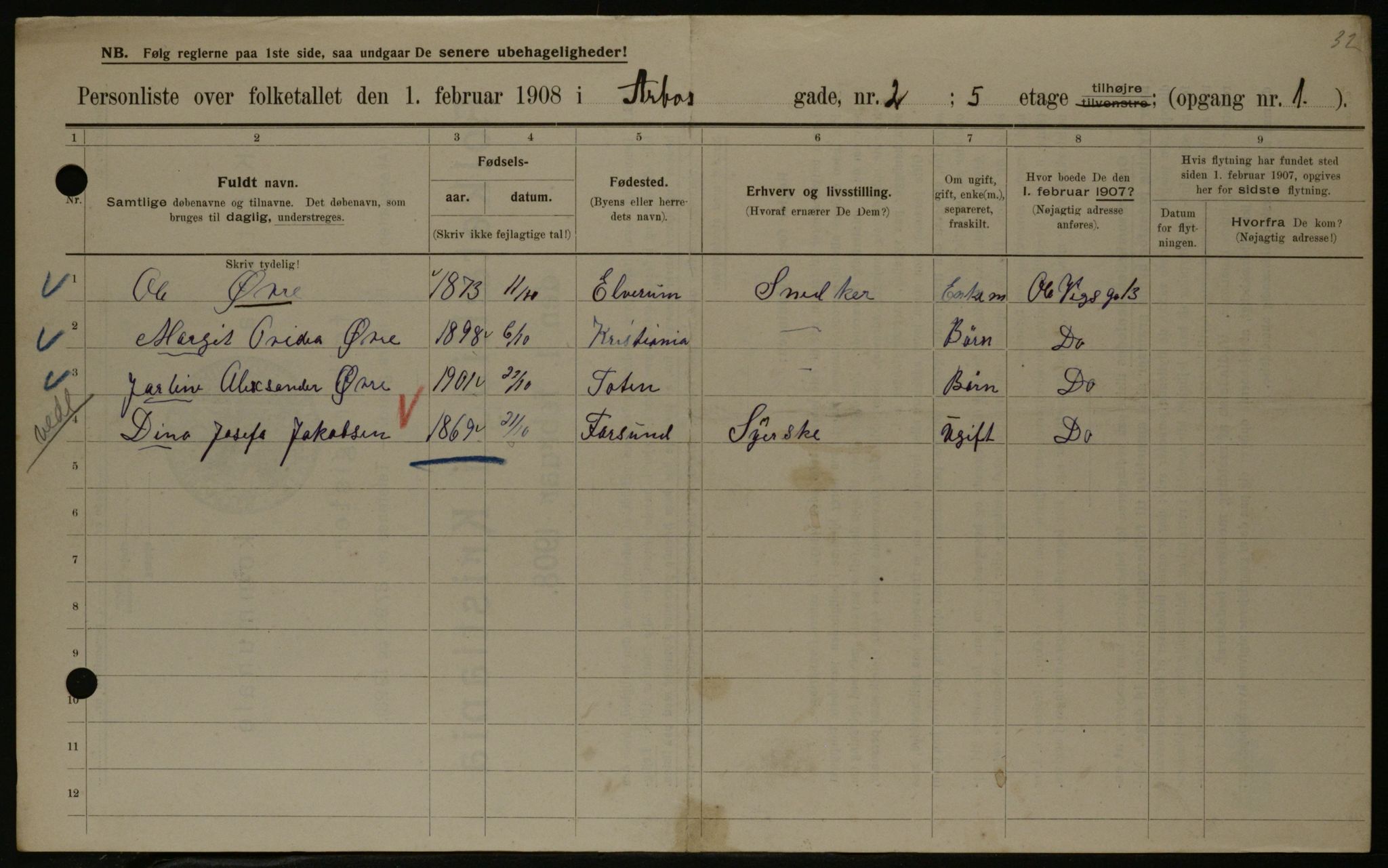 OBA, Municipal Census 1908 for Kristiania, 1908, p. 2014
