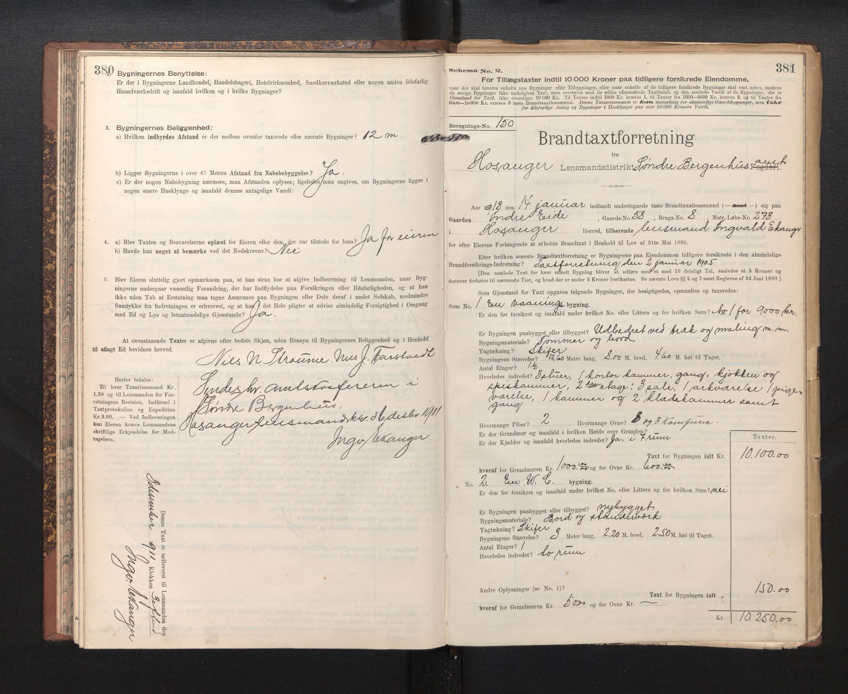 Lensmannen i Hosanger, SAB/A-33001/0012/L0005: Branntakstprotokoll, skjematakst, 1905-1916, p. 380-381