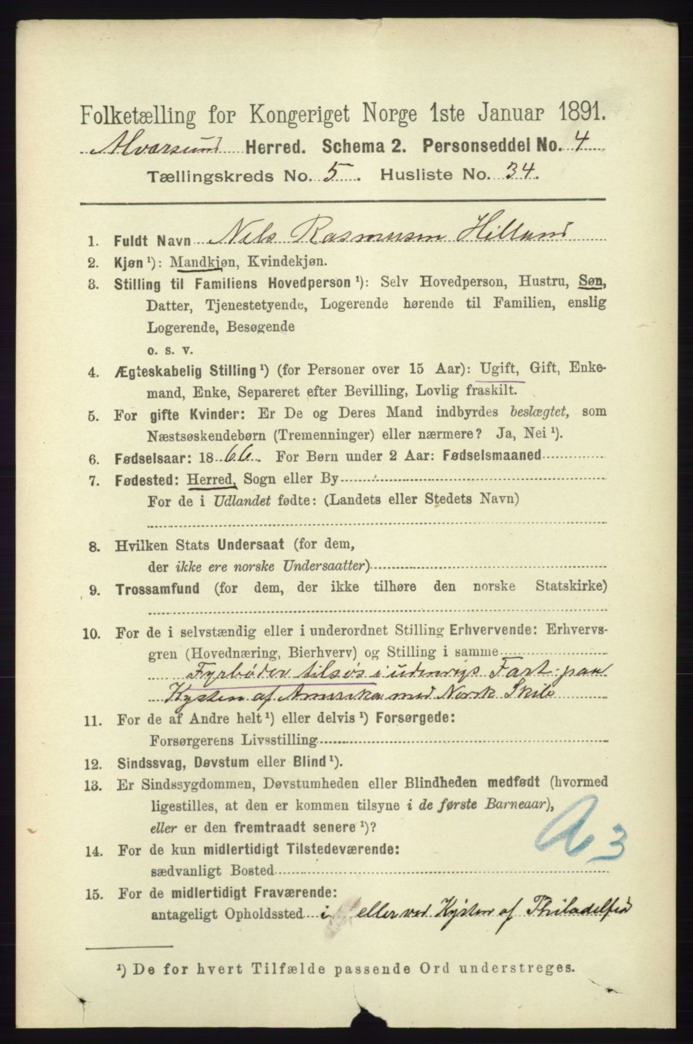 RA, 1891 census for 1257 Alversund, 1891, p. 2005