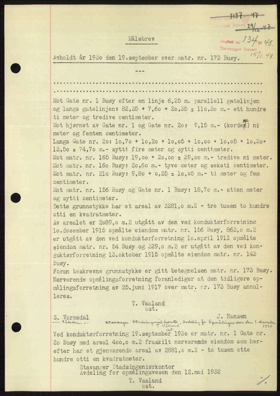 Stavanger byrett, SAST/A-100455/002/G/Gb/L0022: Mortgage book no. A11, 1947-1948, Diary no: : 134/1948