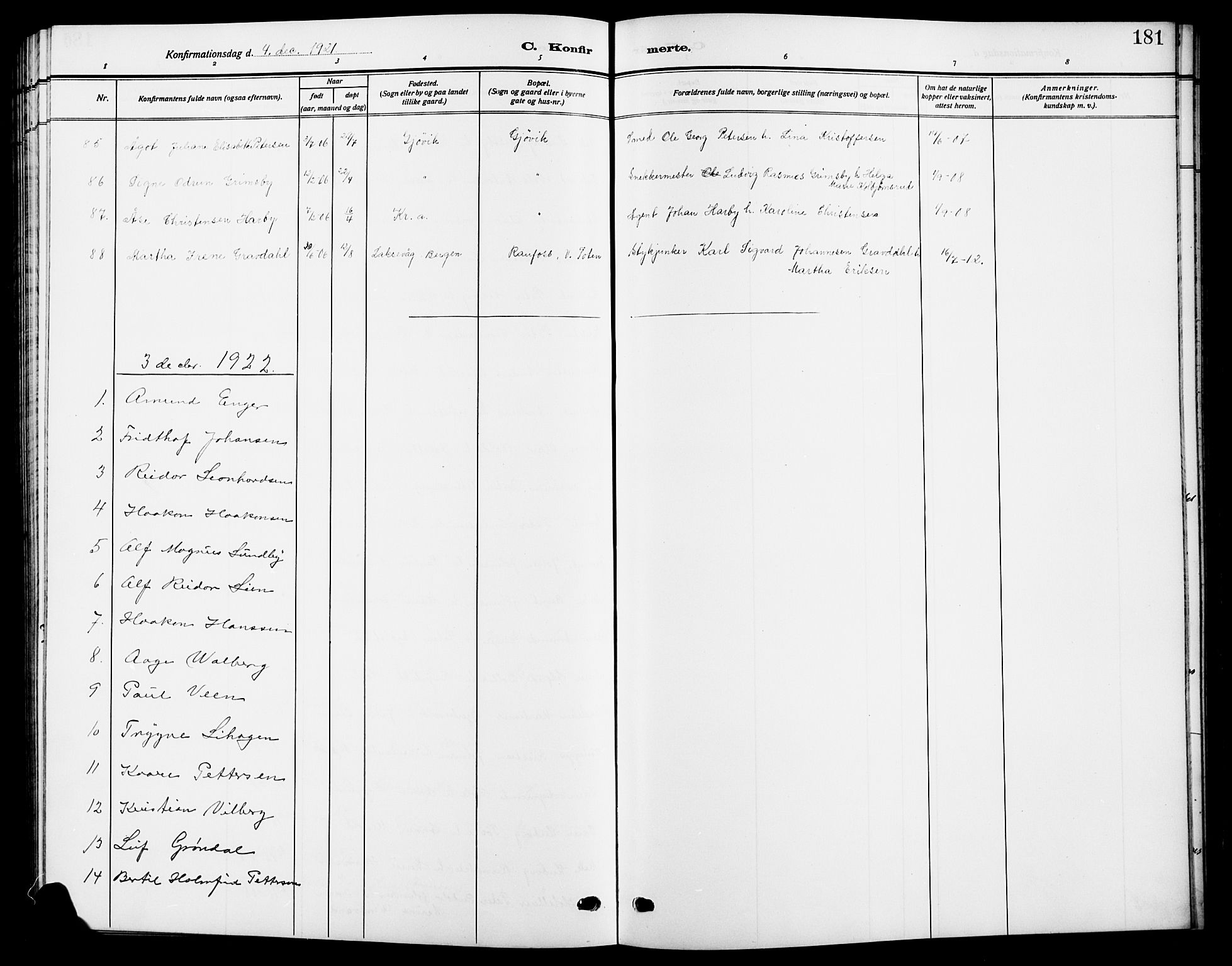 Vardal prestekontor, SAH/PREST-100/H/Ha/Hab/L0014: Parish register (copy) no. 14, 1911-1922, p. 181