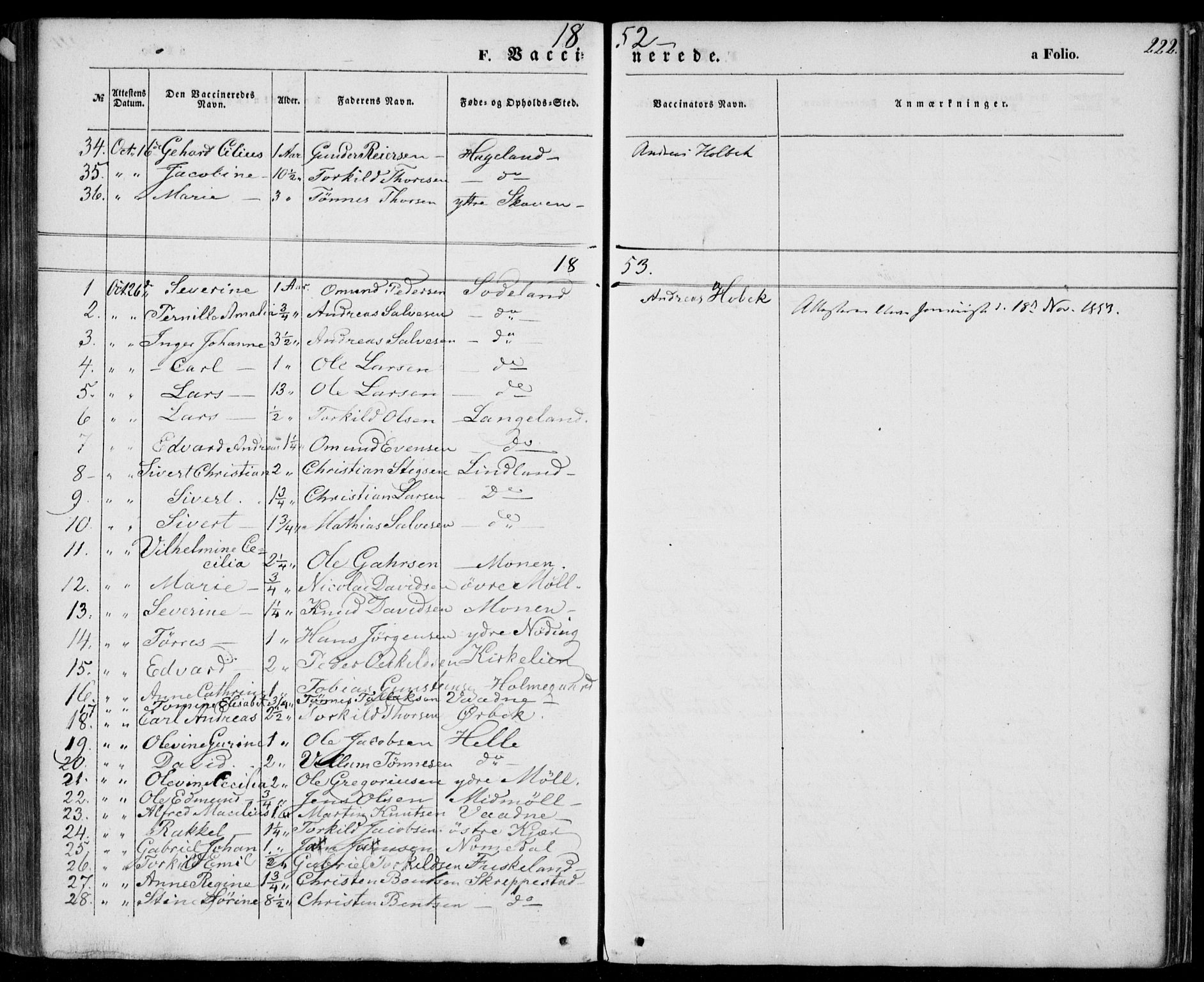 Holum sokneprestkontor, AV/SAK-1111-0022/F/Fa/Faa/L0005: Parish register (official) no. A 5, 1850-1864, p. 222