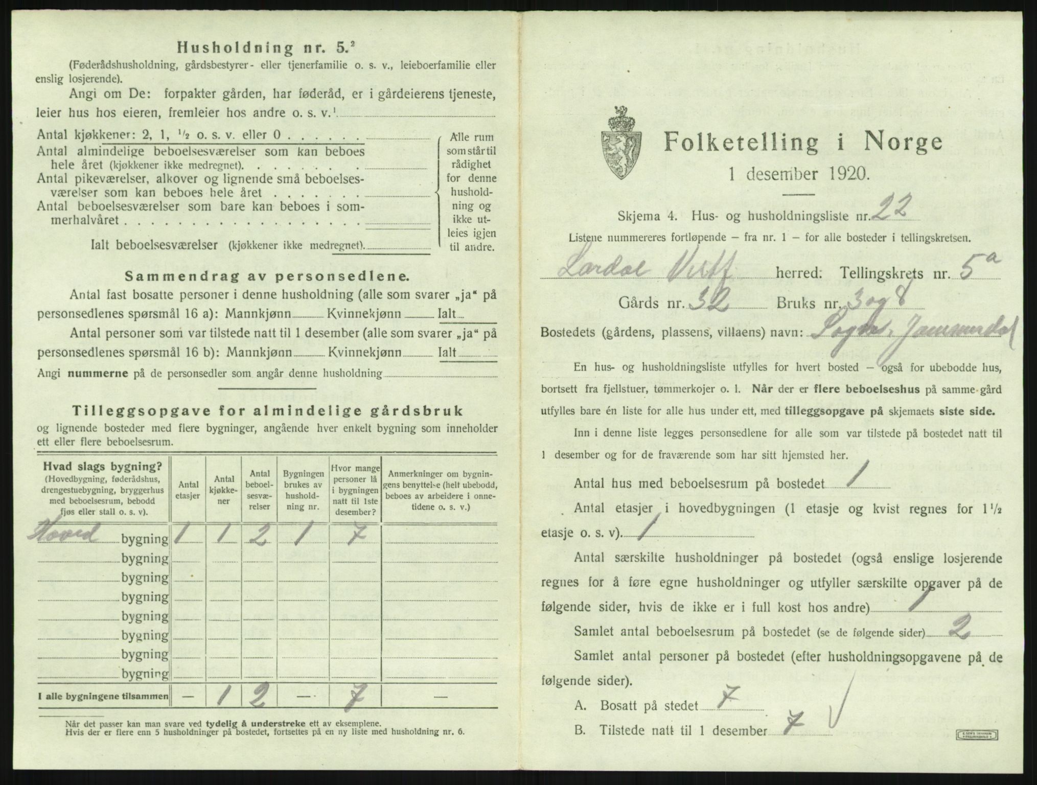 SAKO, 1920 census for Lardal, 1920, p. 723