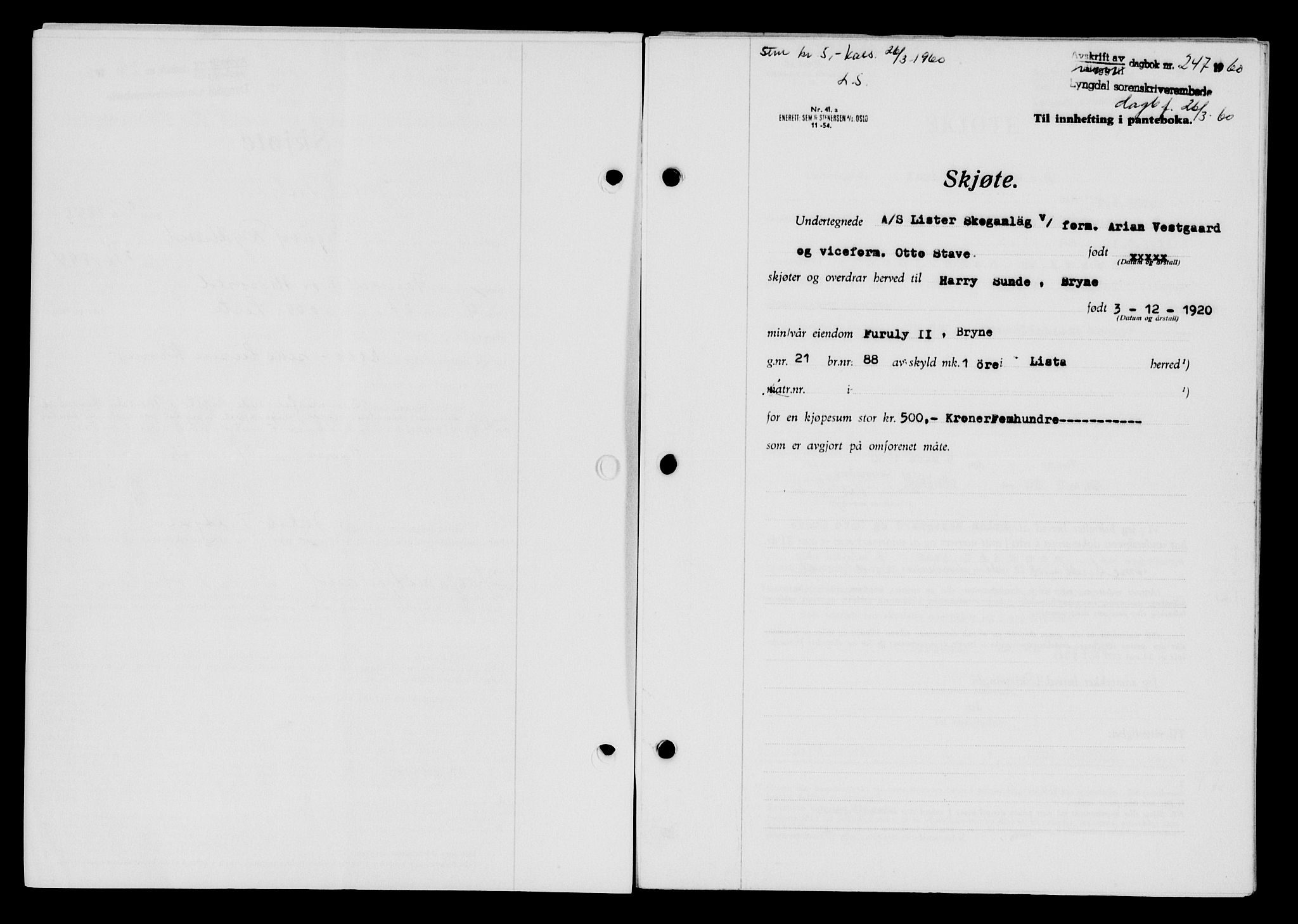 Lyngdal sorenskriveri, AV/SAK-1221-0004/G/Gb/L0679: Mortgage book no. A XXV, 1959-1960, Diary no: : 247/1960