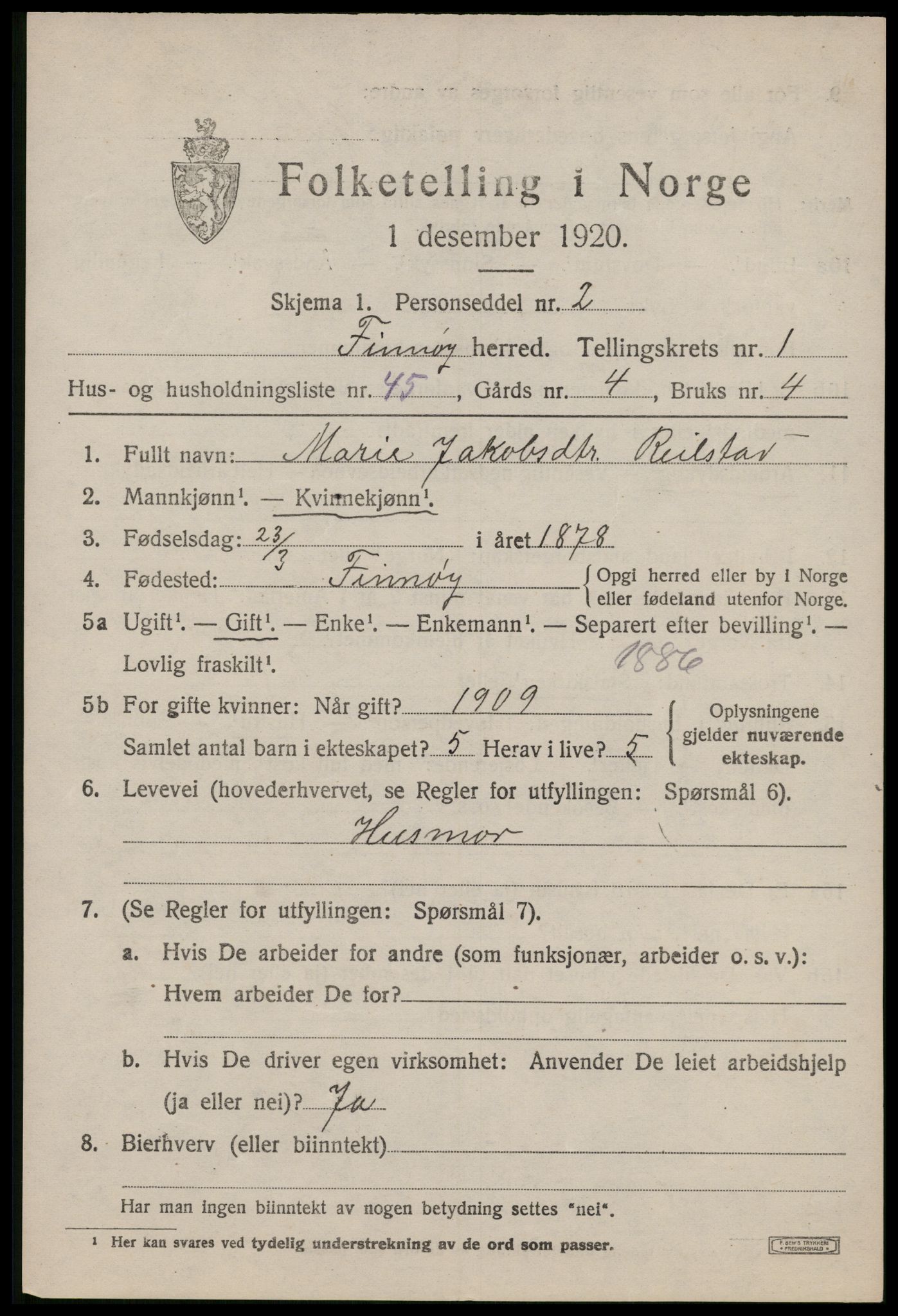 SAST, 1920 census for Finnøy, 1920, p. 980