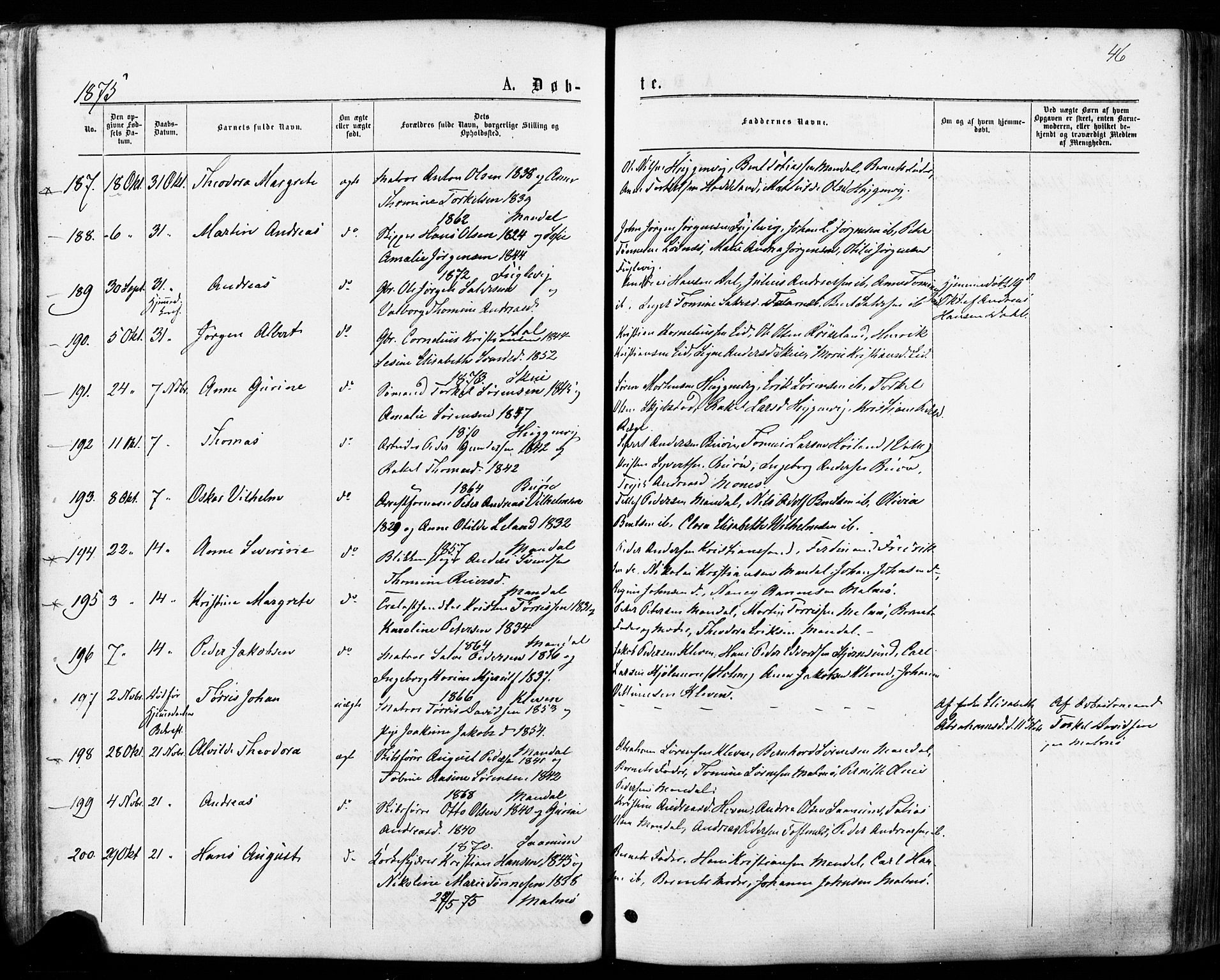 Mandal sokneprestkontor, AV/SAK-1111-0030/F/Fa/Faa/L0015: Parish register (official) no. A 15, 1873-1879, p. 46