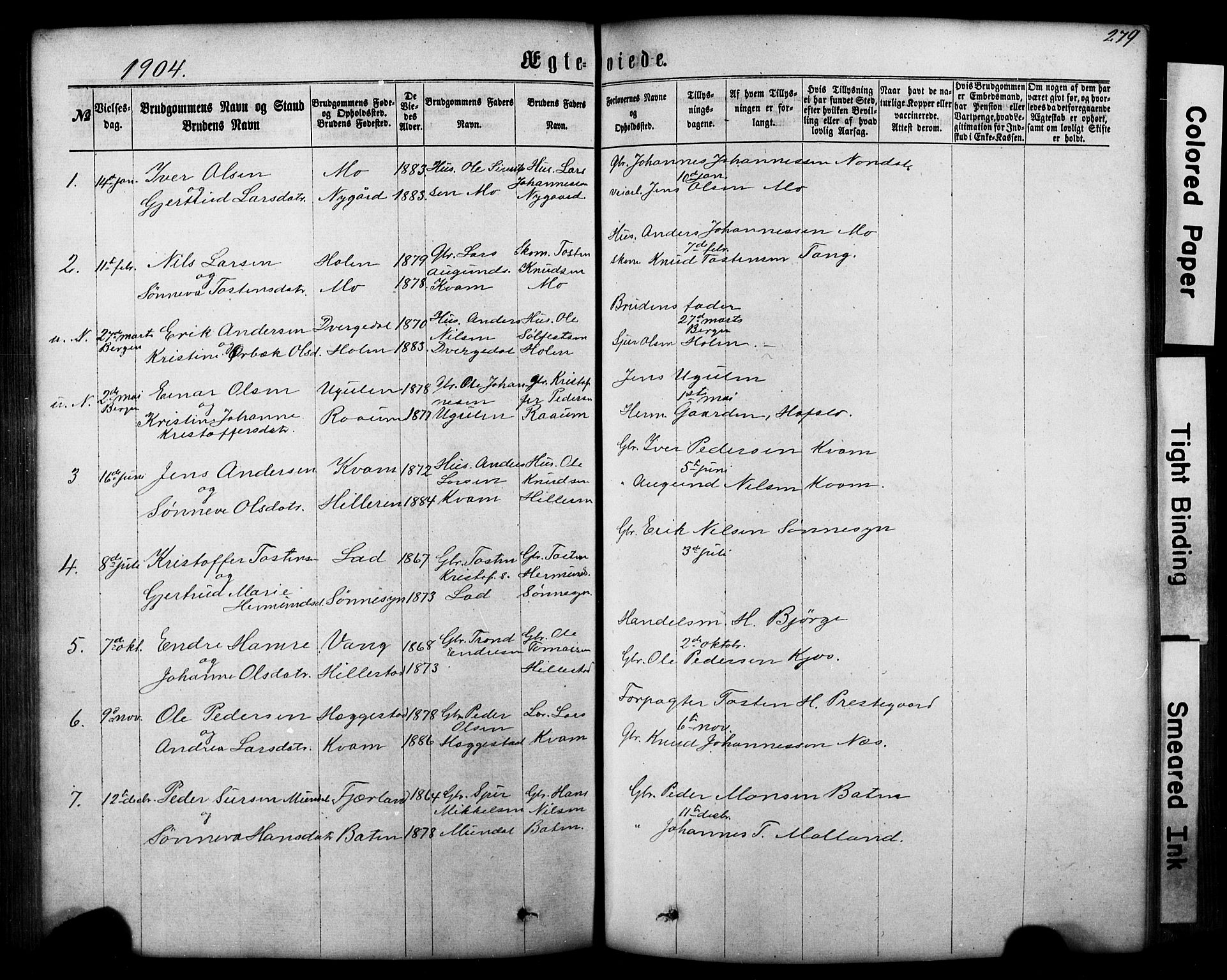 Hafslo sokneprestembete, SAB/A-80301/H/Hab/Haba/L0001: Parish register (copy) no. A 1, 1866-1908, p. 279
