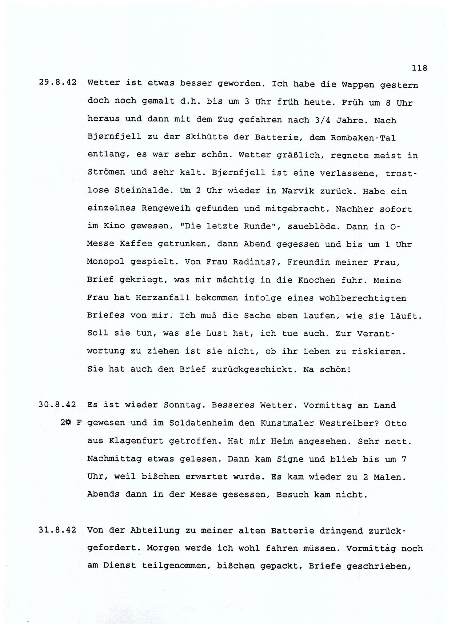 Dagbokopptegnelser av en tysk marineoffiser stasjonert i Norge , FMFB/A-1160/F/L0001: Dagbokopptegnelser av en tysk marineoffiser stasjonert i Norge, 1941-1944, p. 118