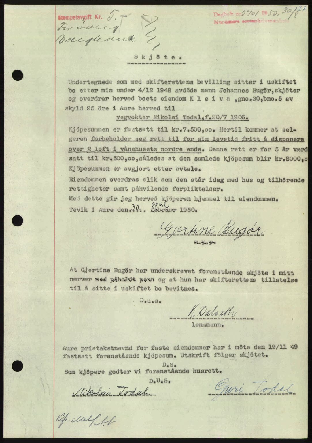 Nordmøre sorenskriveri, AV/SAT-A-4132/1/2/2Ca: Mortgage book no. A116, 1950-1950, Diary no: : 2701/1950