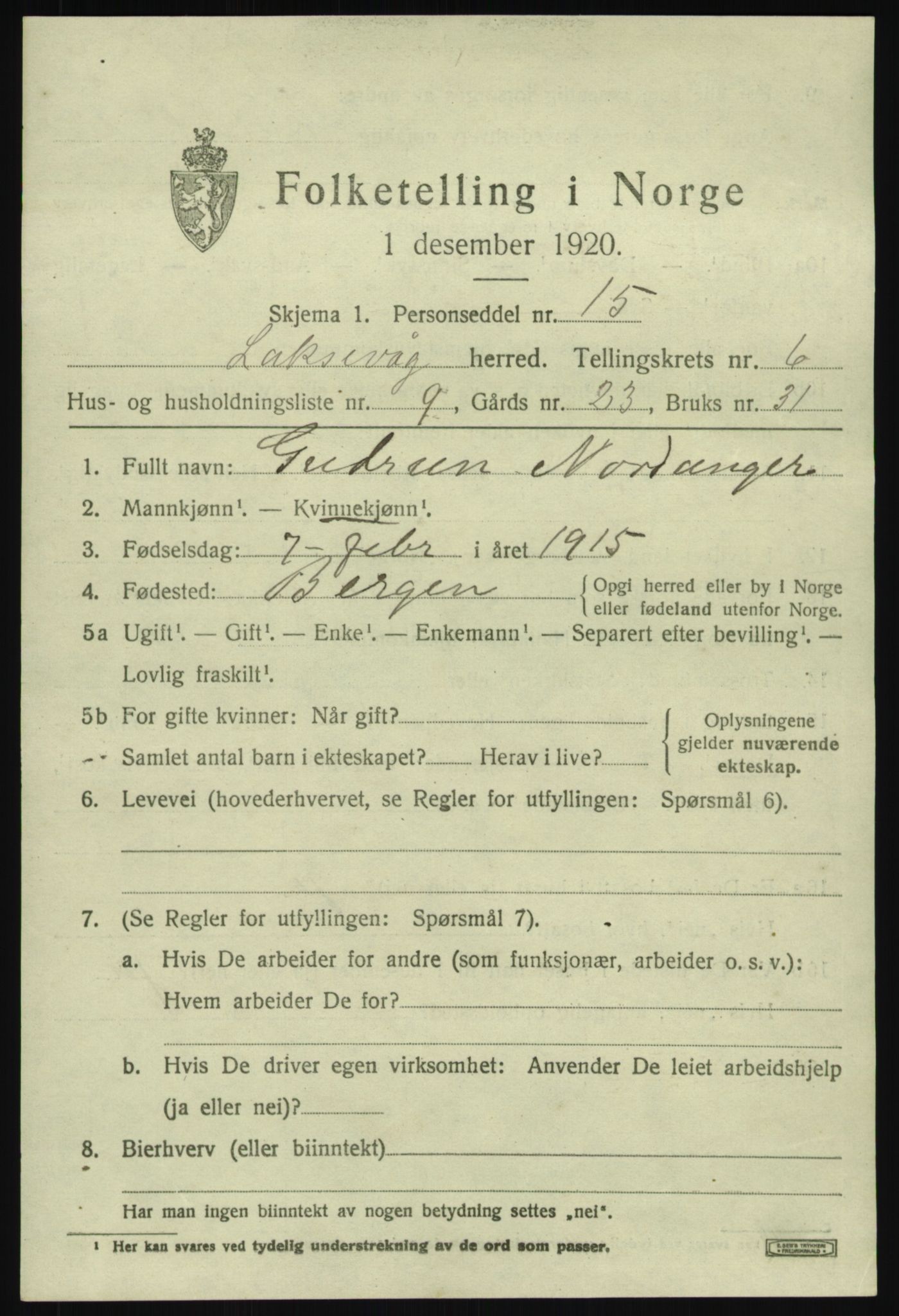 SAB, 1920 census for Laksevåg, 1920, p. 17276