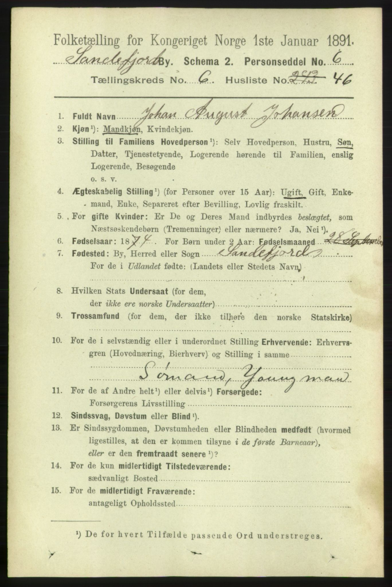 RA, 1891 census for 0706 Sandefjord, 1891, p. 2877