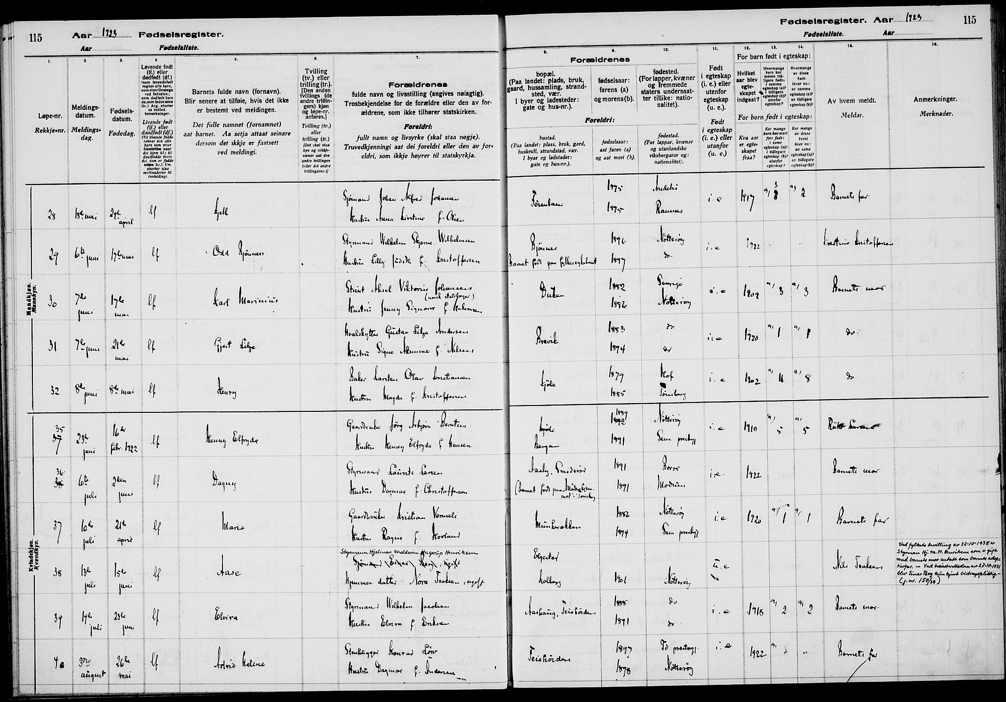 Nøtterøy kirkebøker, AV/SAKO-A-354/J/Ja/L0001: Birth register no. 1, 1916-1928, p. 115